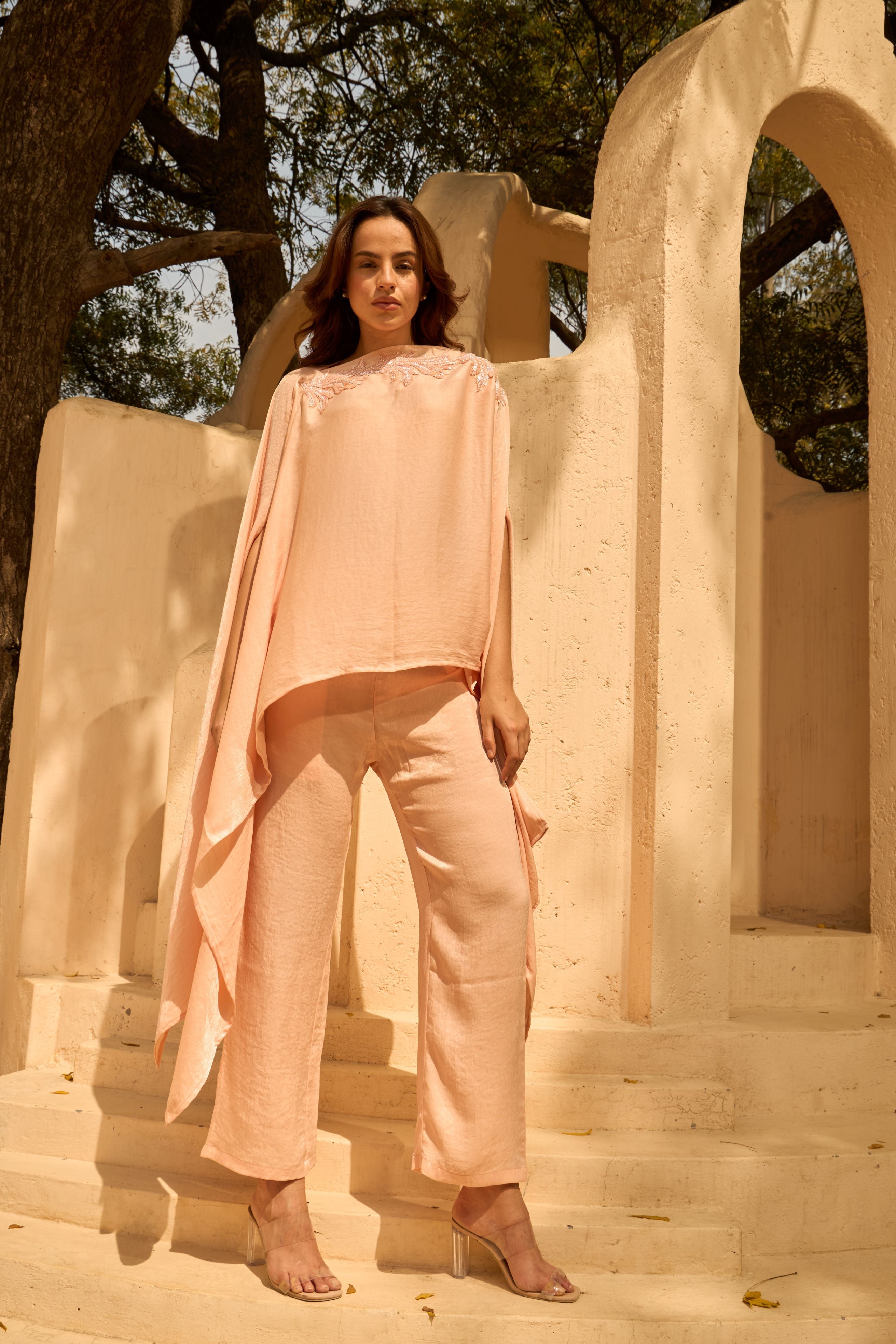 Divine Sequins Embroidered Cape Co-ordinated with Pants - Blush