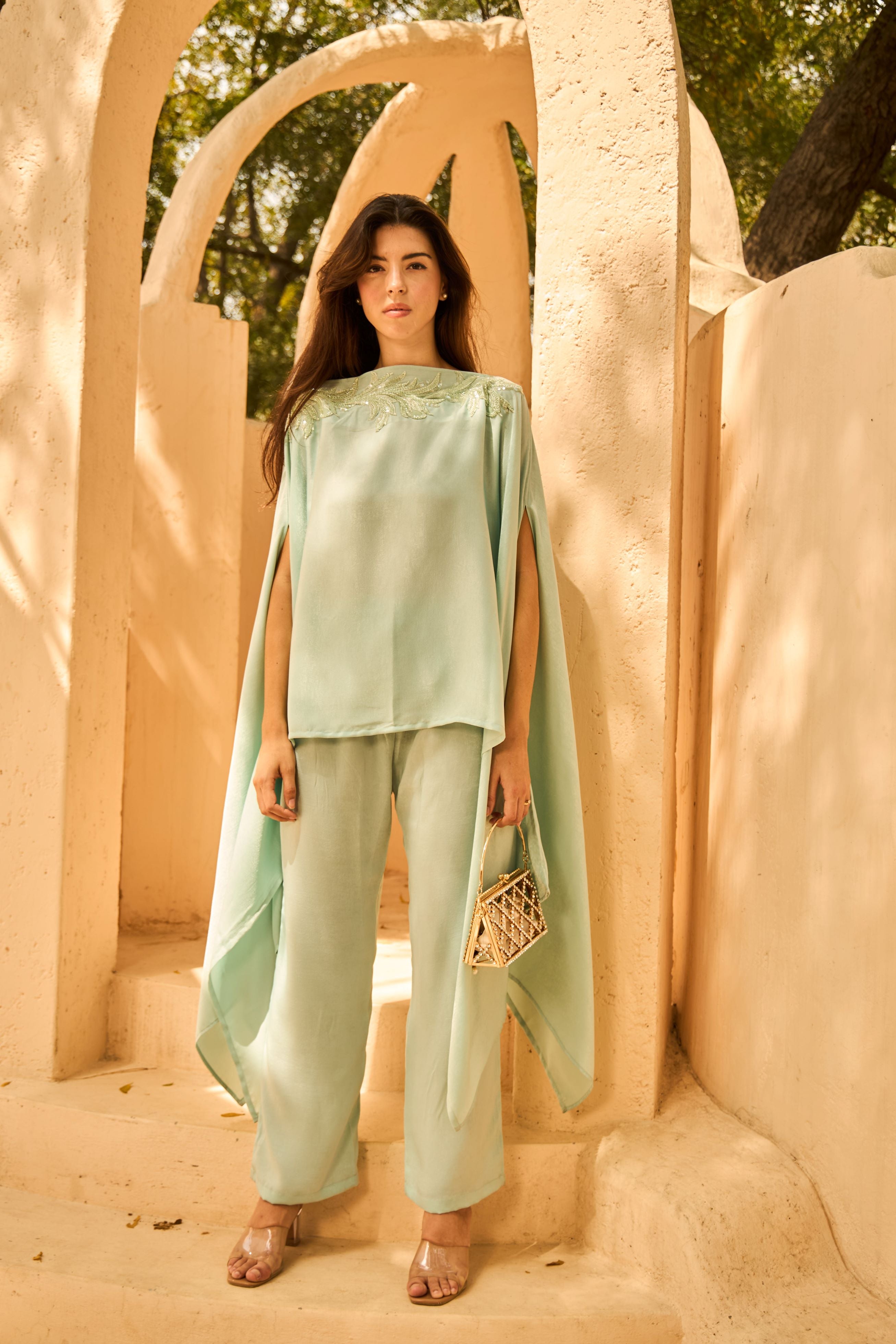Divine Sequins Embroidered Cape Co-ordinated with Pants - Powder Blue