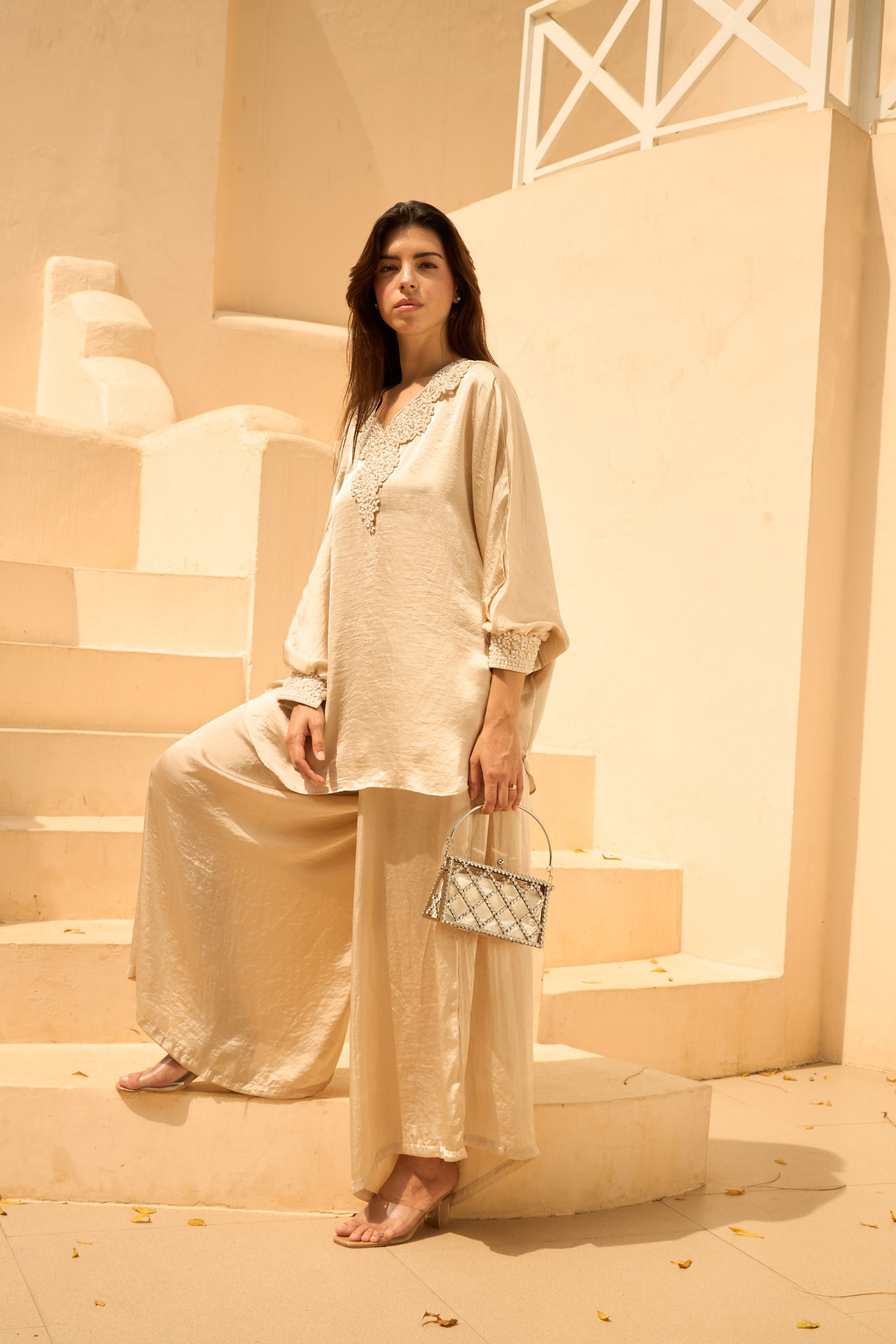 Kathryn Kaftan Embroidered Set with Drape Skirt - Nude