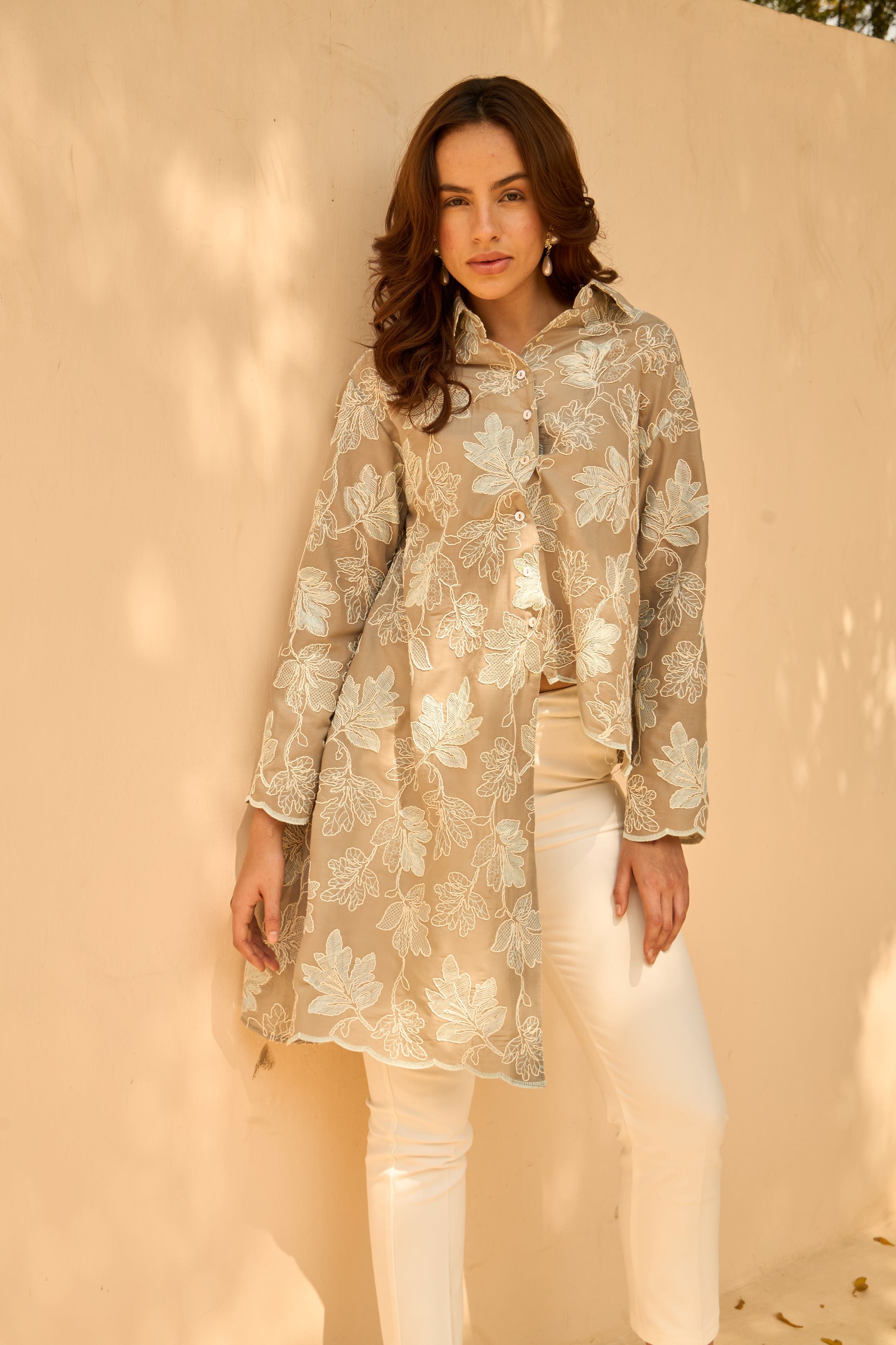 Elahe Embroidered Elm Hi-Low Shirt - Beige