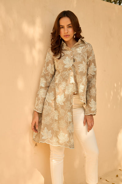 Elahe Embroidered Elm Hi-Low Shirt - Beige