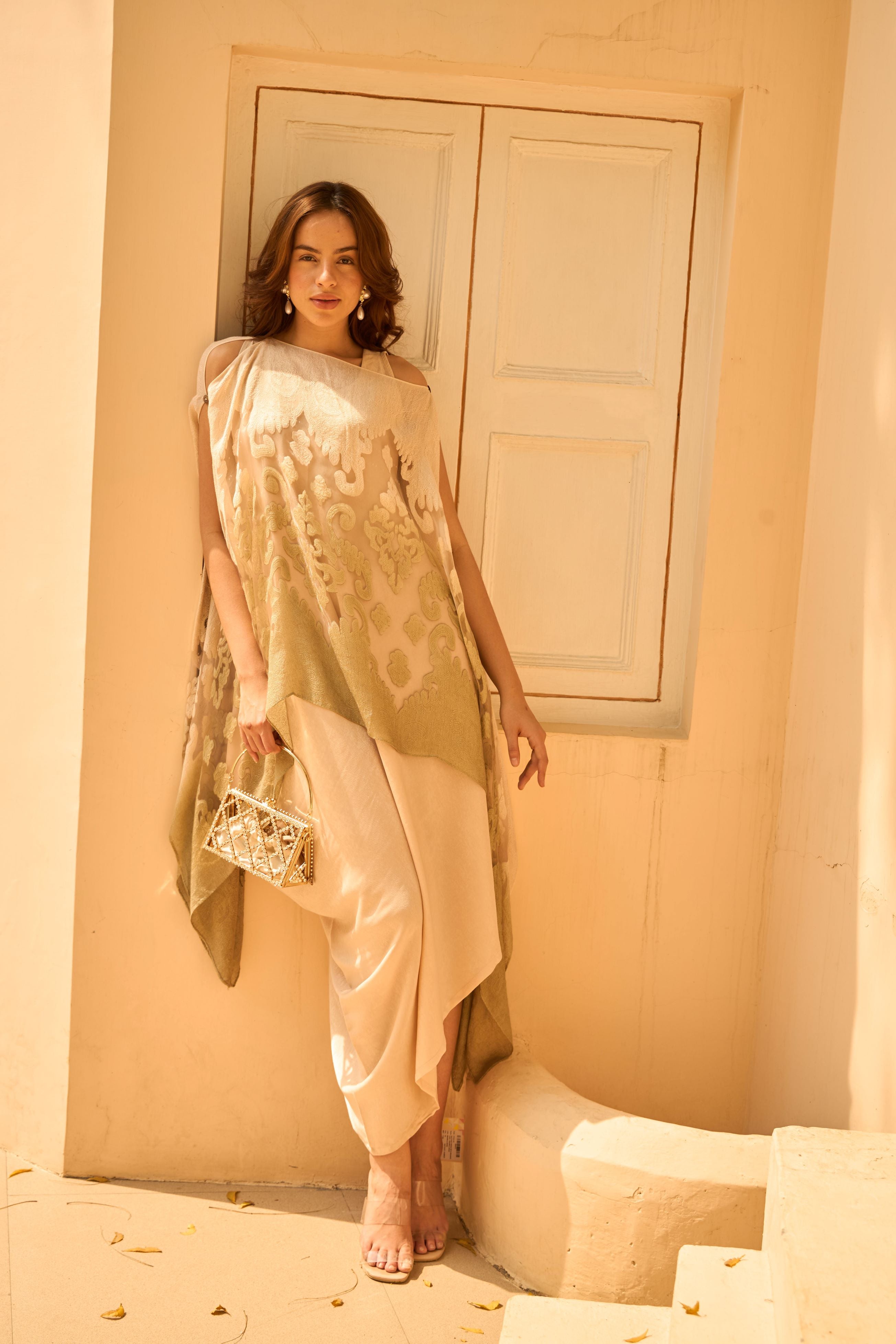 Slip Easy Dress With Organza Cape - Brown and Beige
