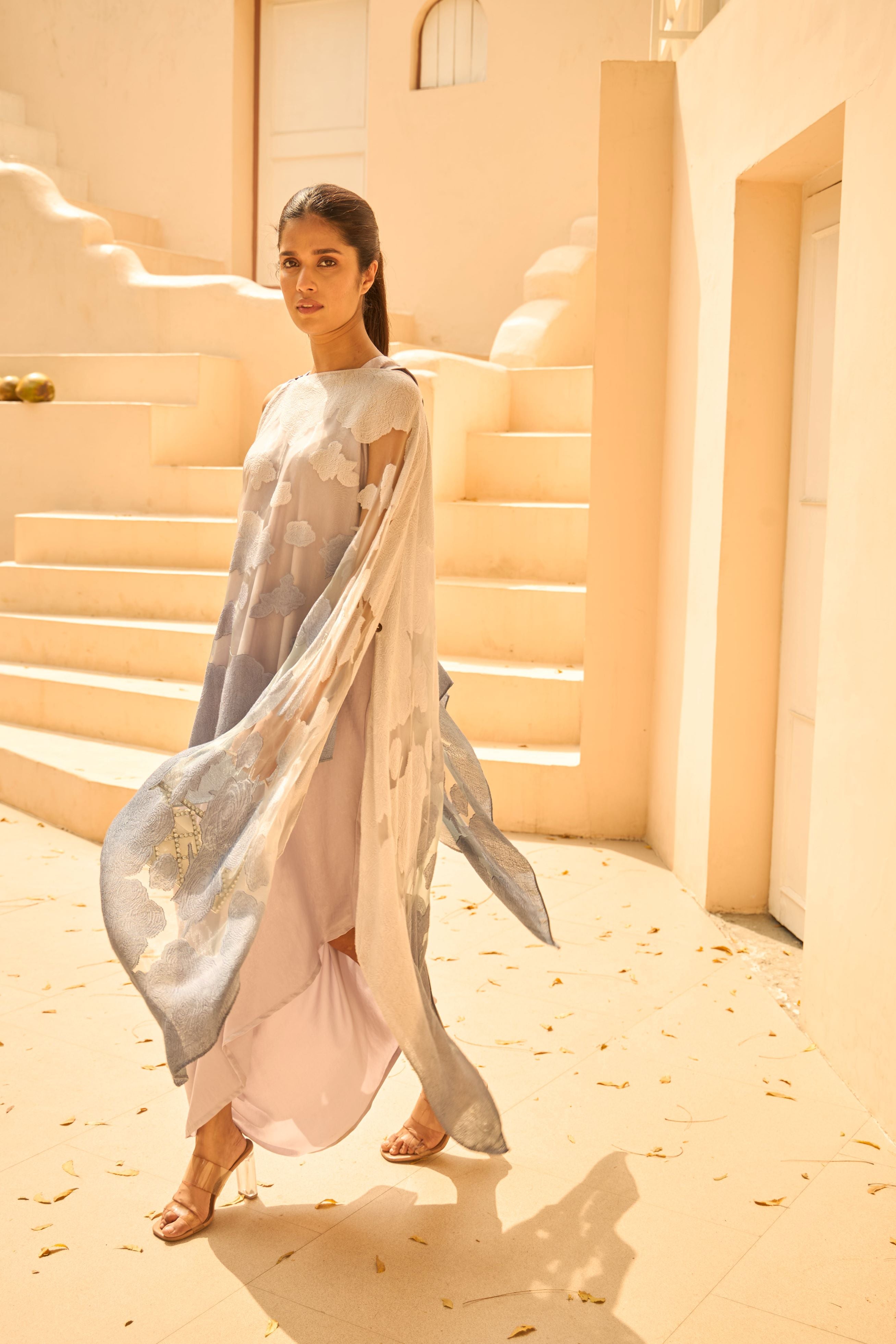 Slip Easy Dress With Organza Cape - Blue and grey