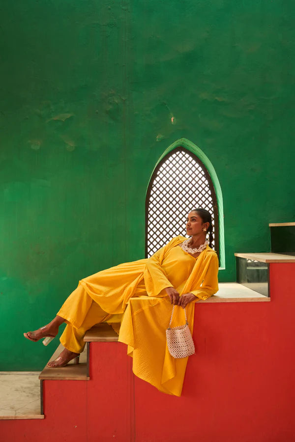 Flared Jacket with Pant Set - Yellow