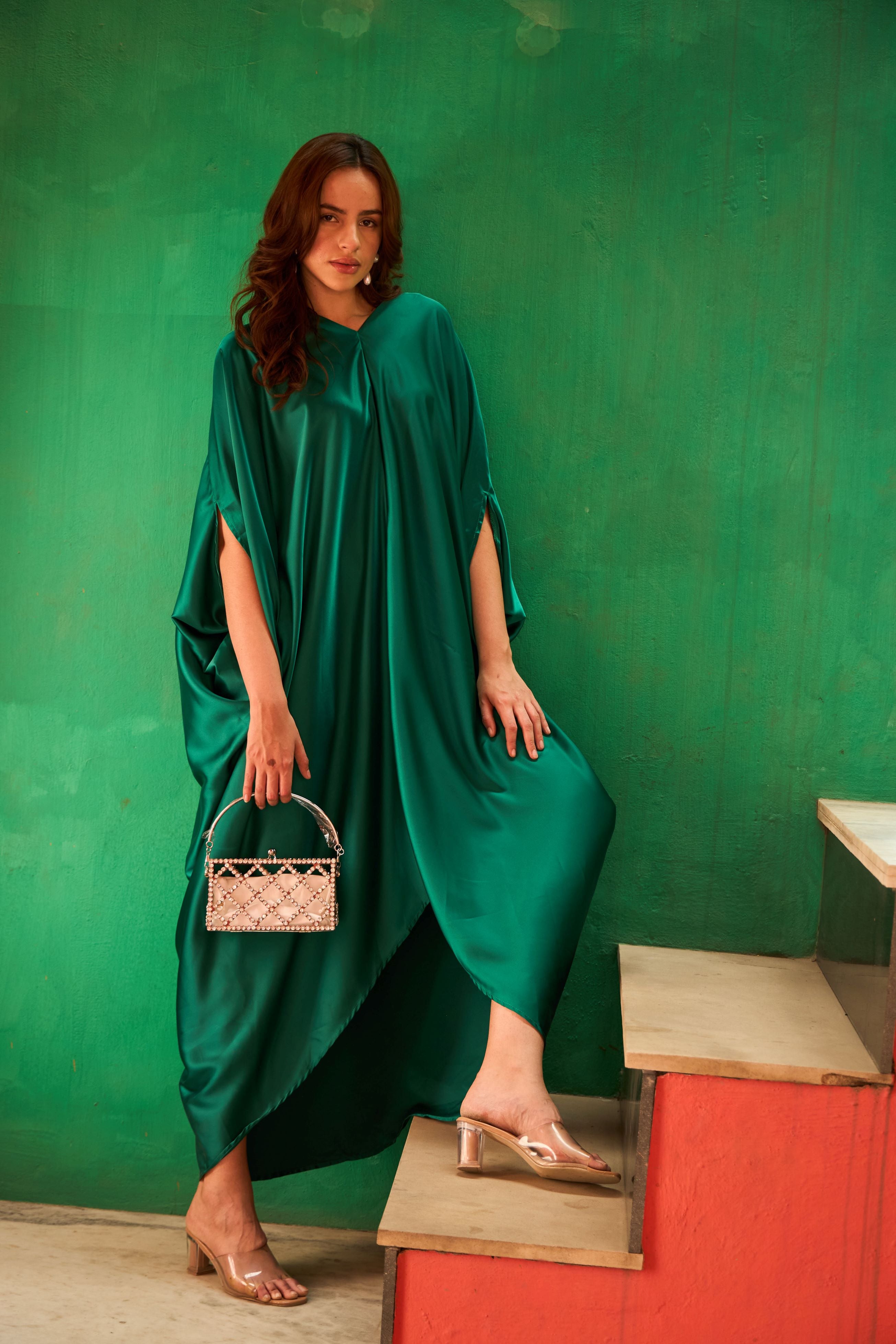 Rossanna Cinched Satin Dress - Emerald Green