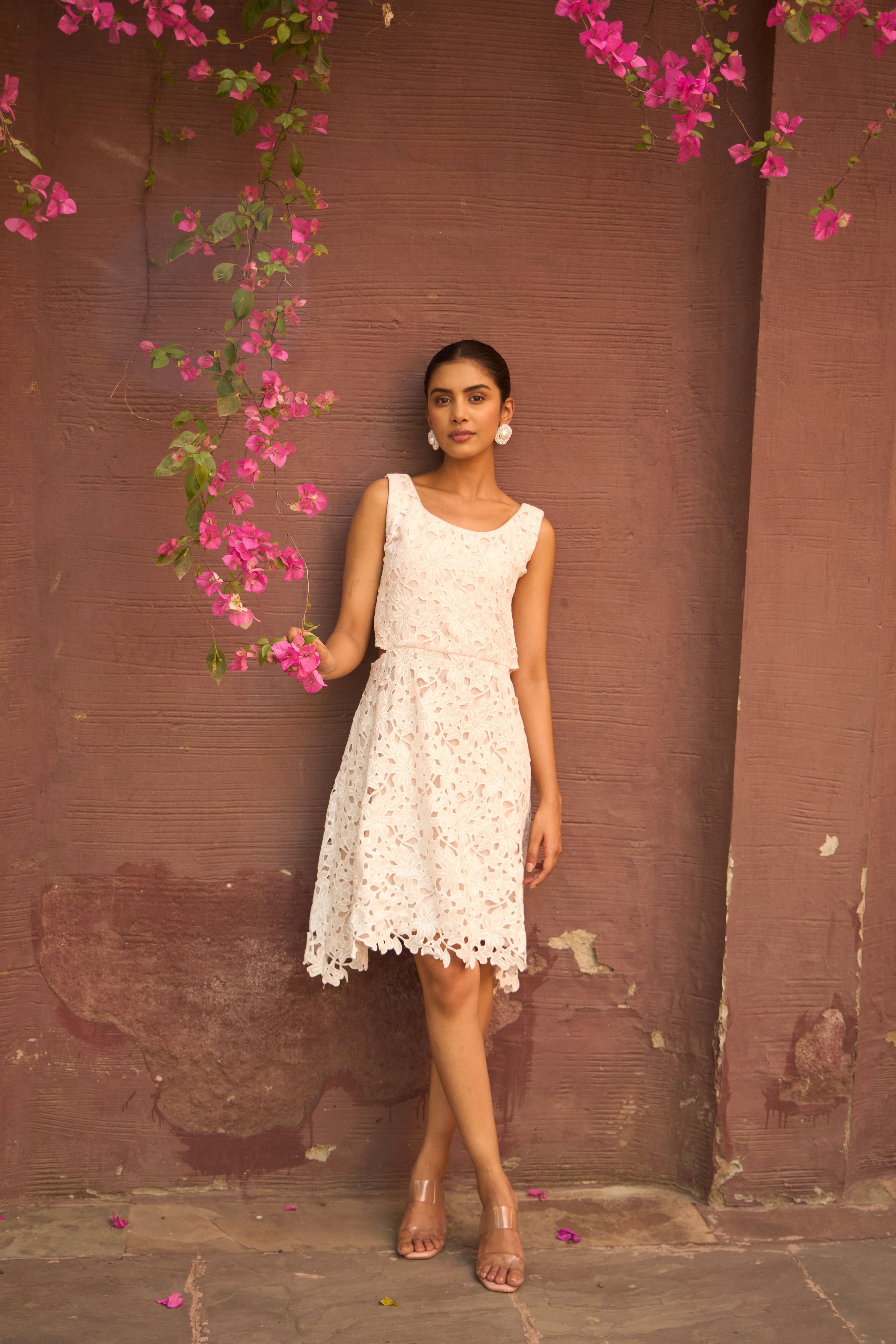 Myra Mesh Daylily Lace Skater Dress - Ivory