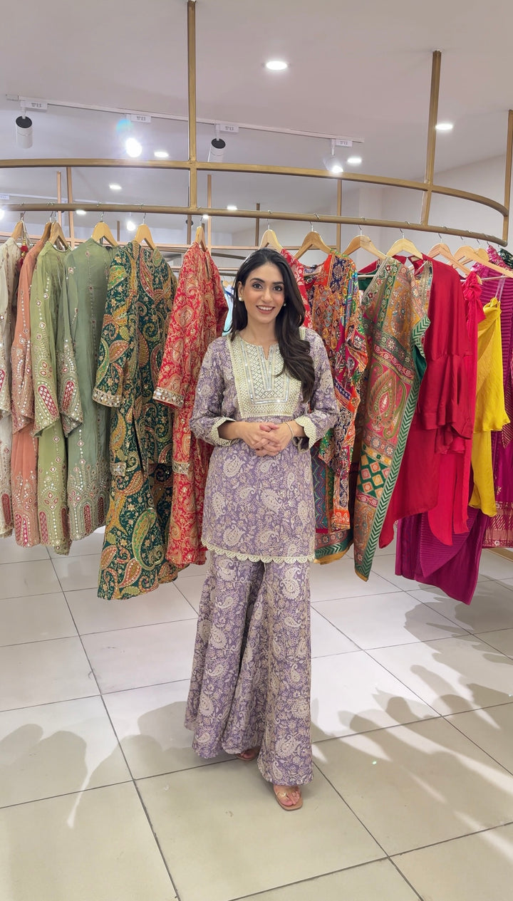 Elizey Paisley Embroidered Sharara Set - Lavender