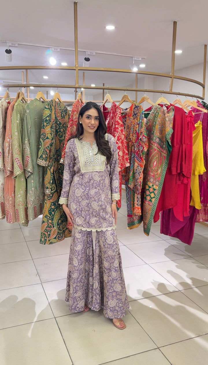 Elizey Paisley Embroidered Sharara Set - Lavender