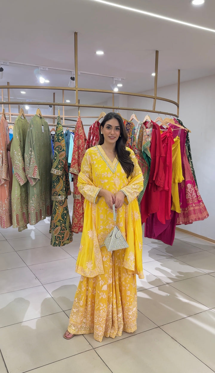 Reyna Gara Sharara Set - Yellow