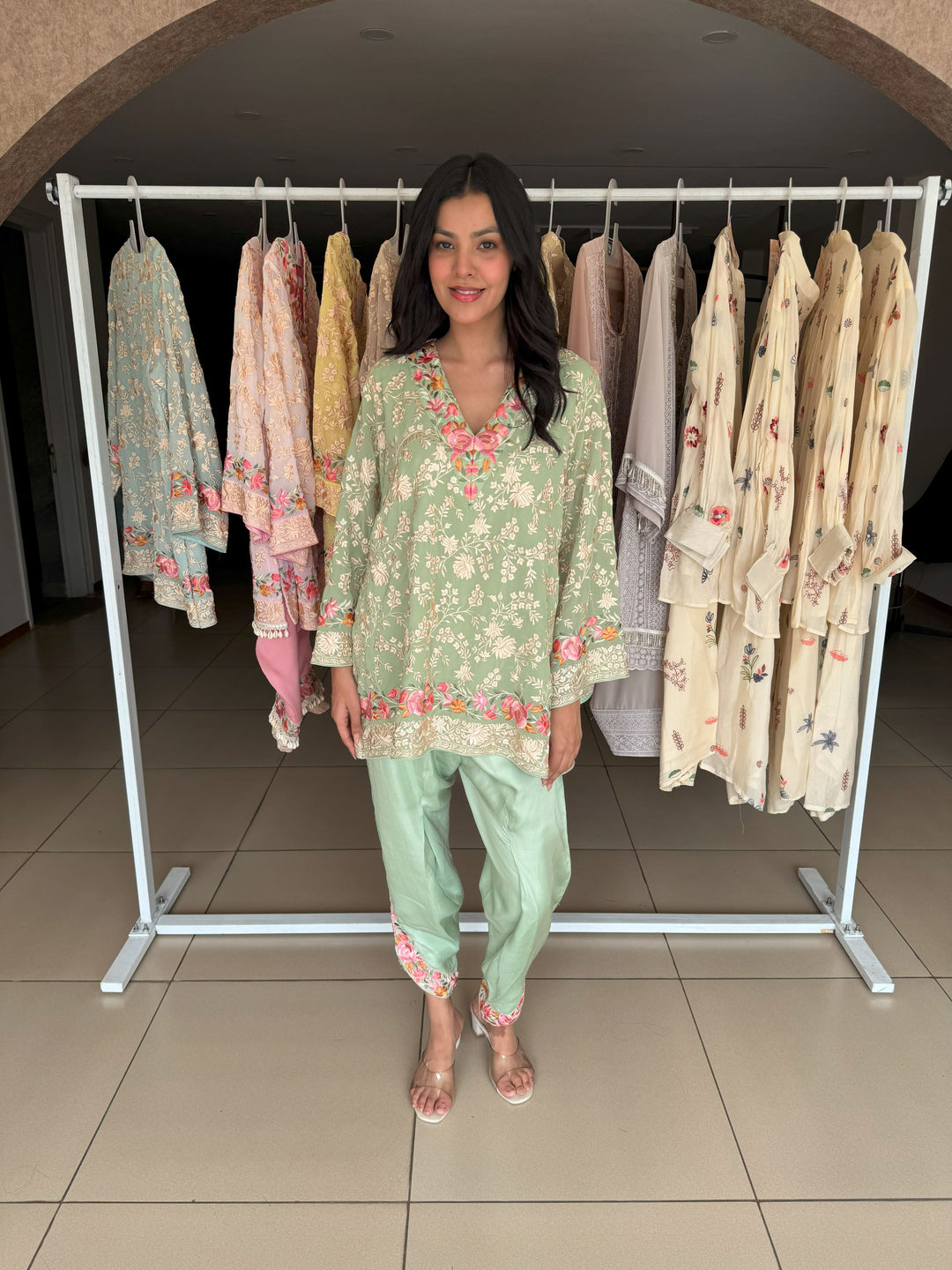 Reyna Gara Rose Dust Kurta with Tulip Pant - Sage Green