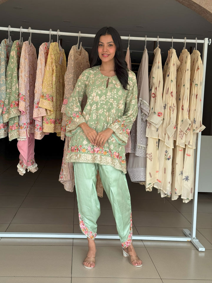 Reyna Gara Rose Dust Kurta with Tulip Pant - Sage Green