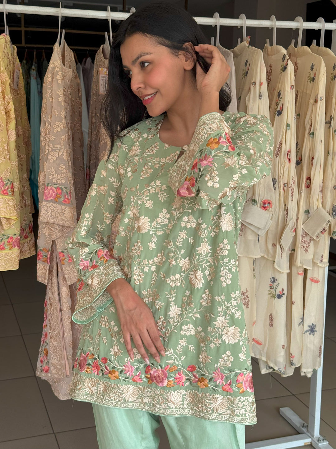 Reyna Gara Rose Dust Kurta with Tulip Pant - Sage Green