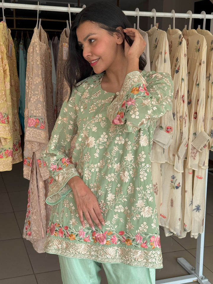 Reyna Gara Rose Dust Kurta with Tulip Pant - Sage Green