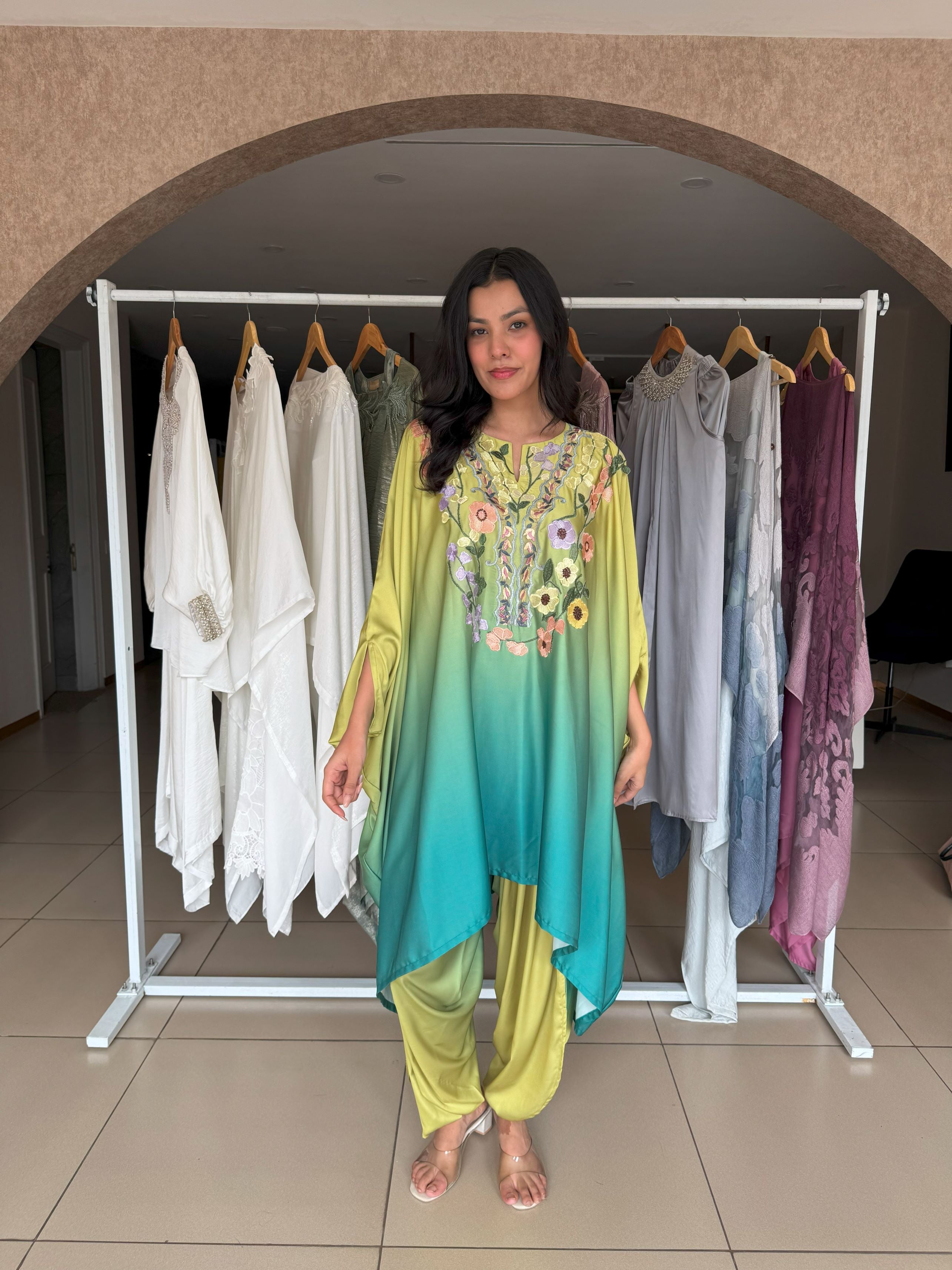Divine Embroidered Cape with Drape Pant - Green Ombre