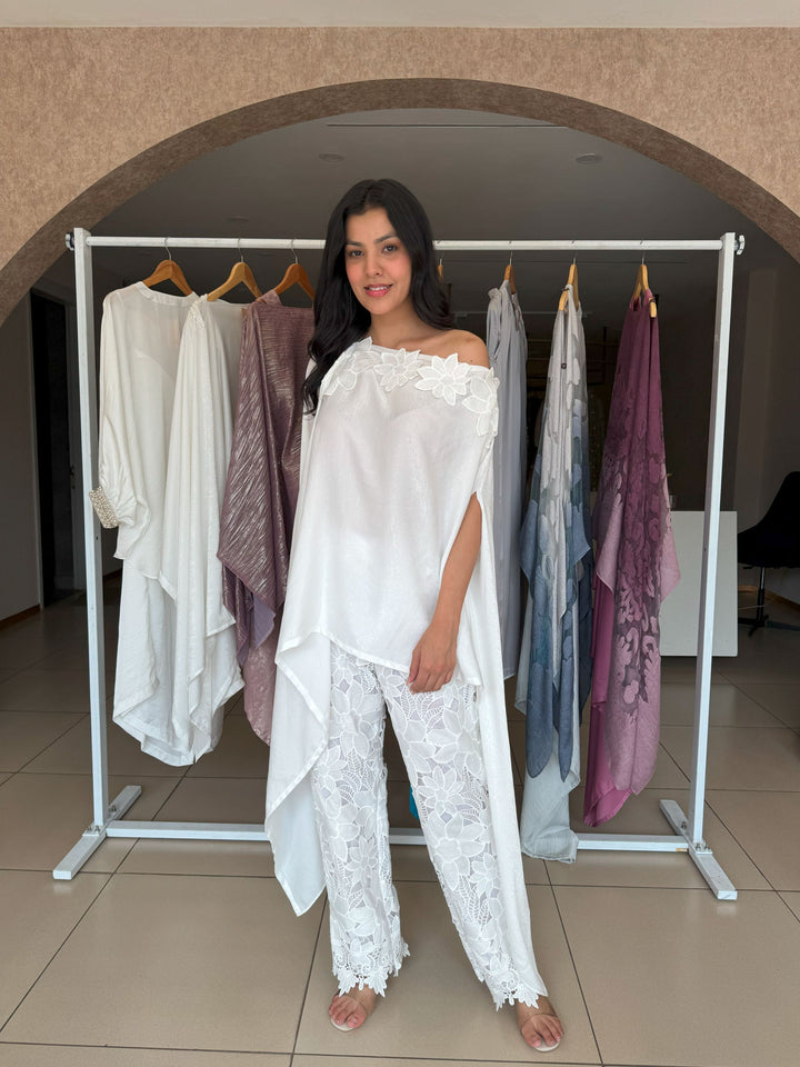 Divine Sequins Embroidered Cape with Cutwork Pants - Ivory