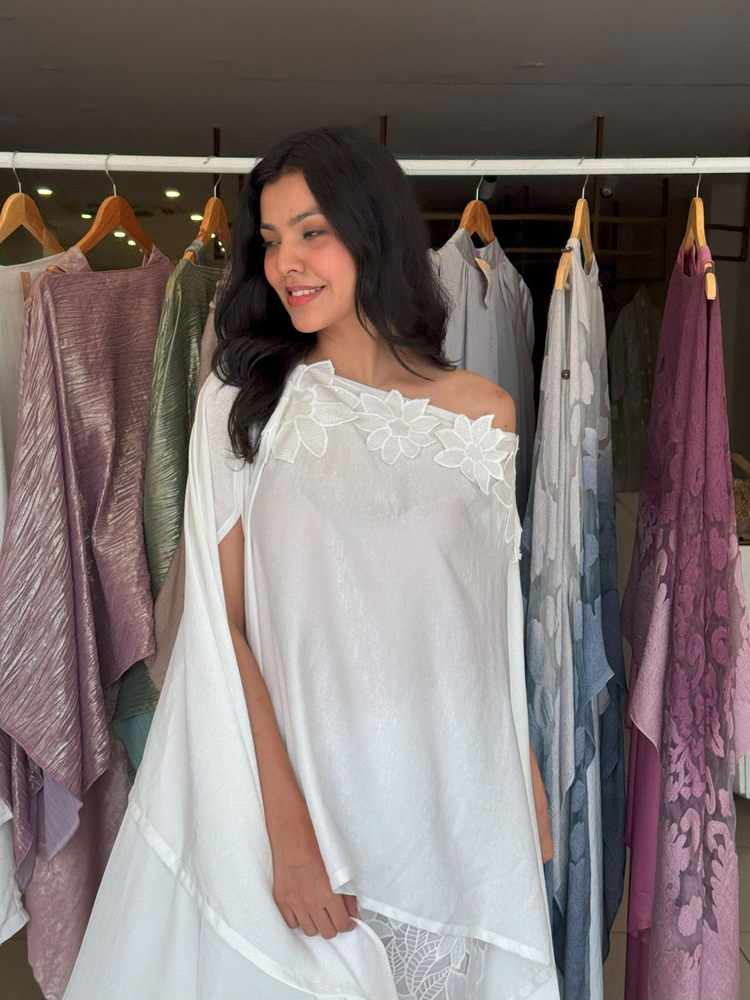 Divine Sequins Embroidered Cape with Cutwork Pants - Ivory