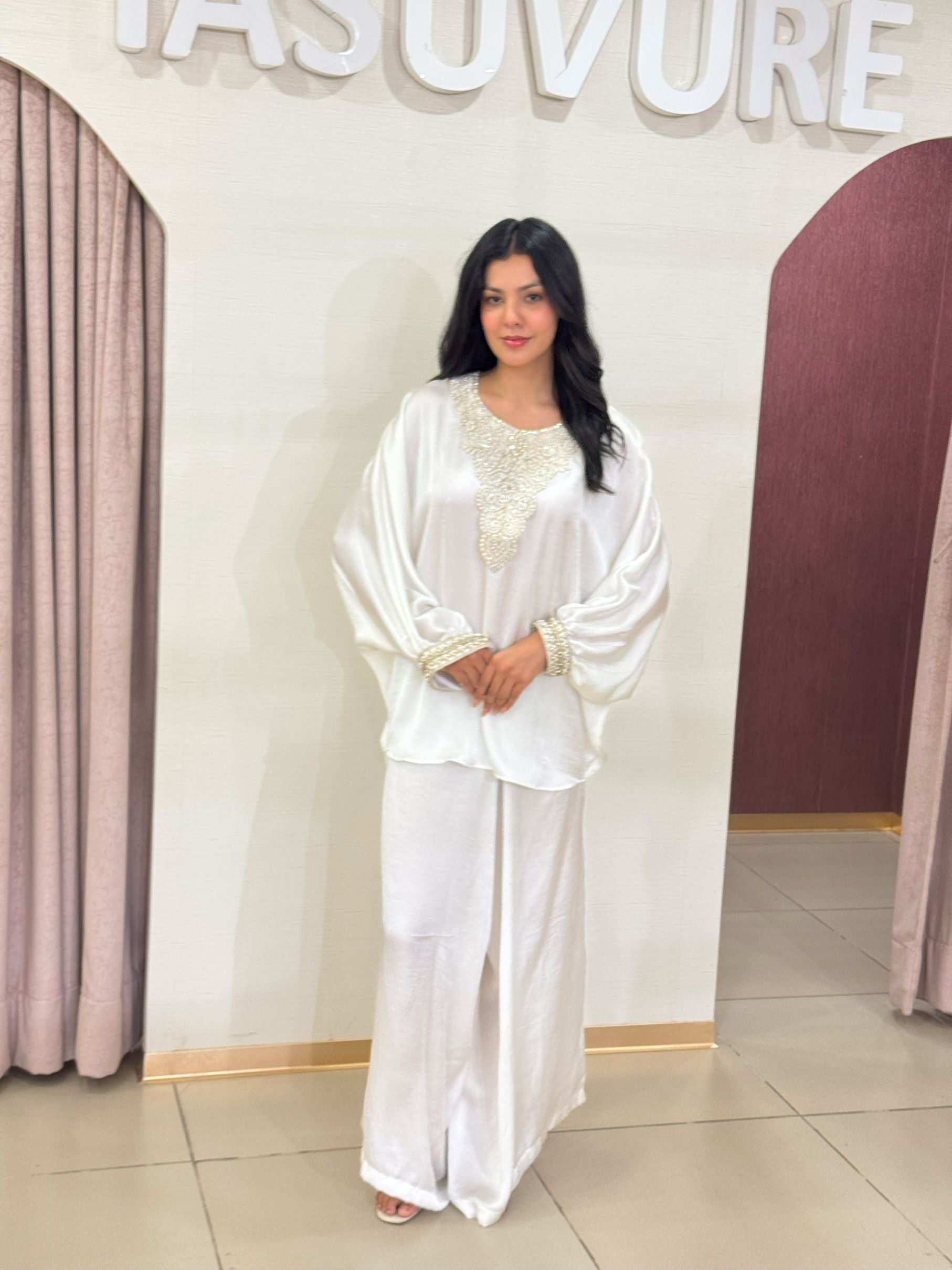 Kathryn Kaftan Embroidered Set with Drape Skirt - White