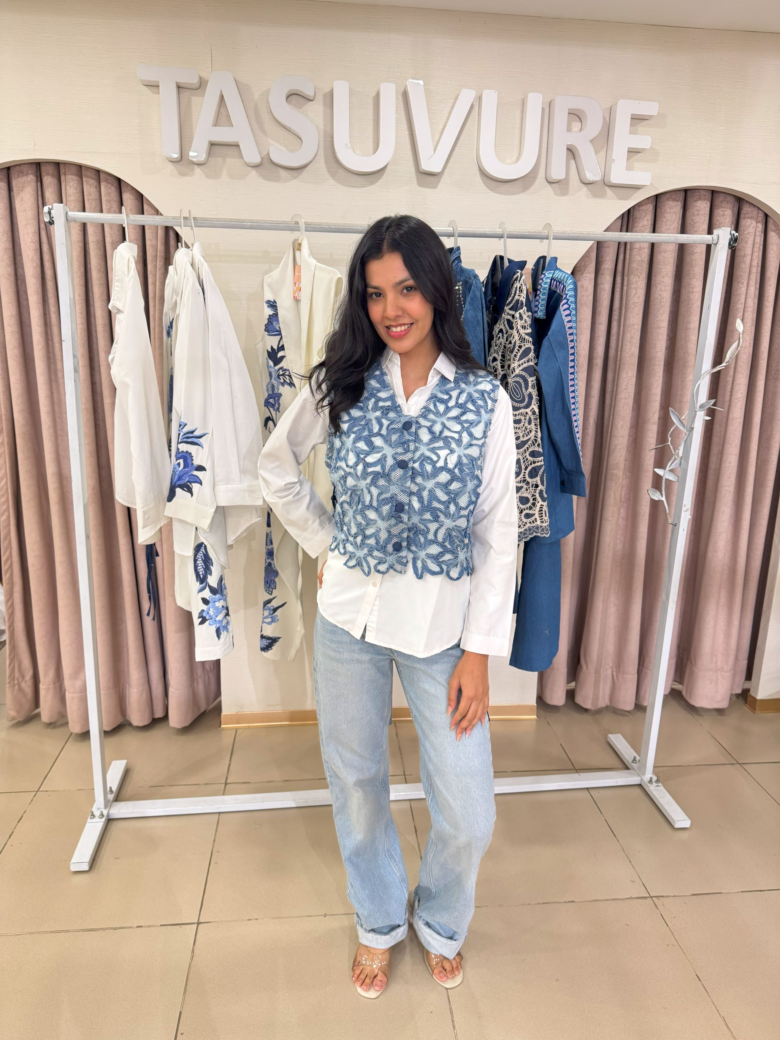 Daryl Daisy Crochet Waistcoat with Shirt - Denim