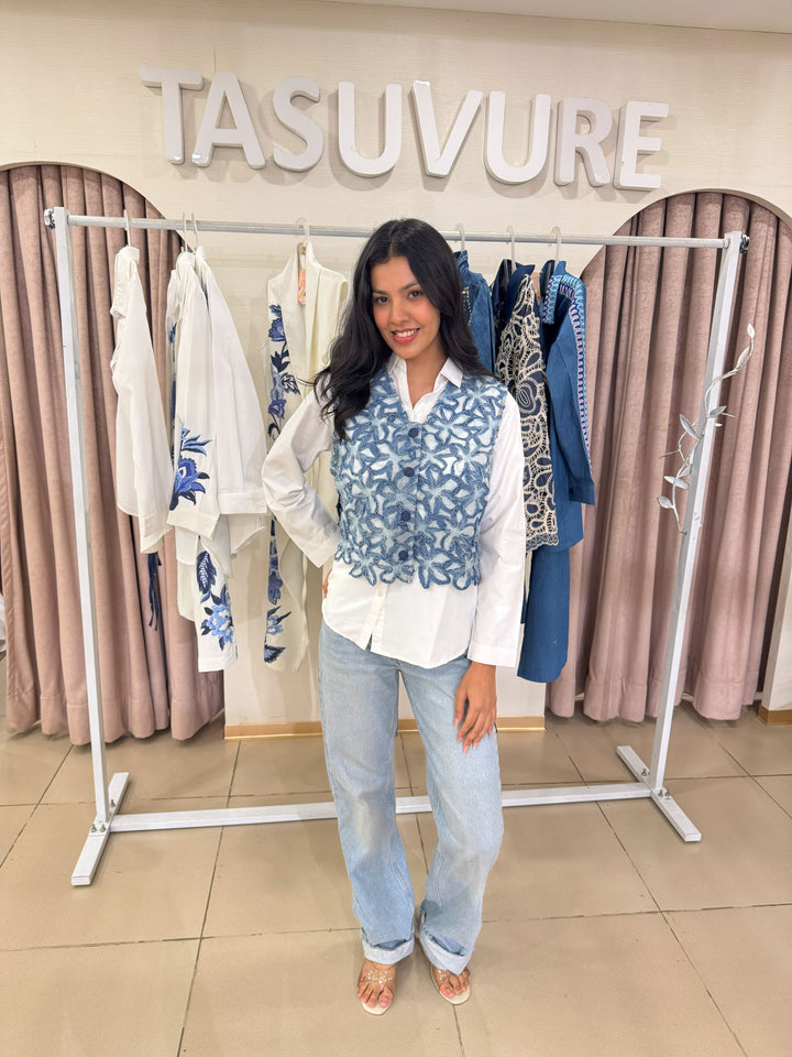 Daryl Daisy Crochet Waistcoat with Shirt - Denim