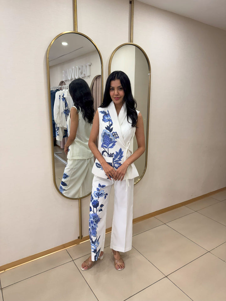 Danielle Floral Embroidered Waistcoat Set - White & Blue