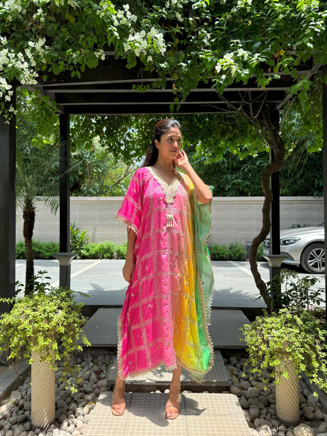 Kainaat Multicolour Kaftan - Pink Yellow Green