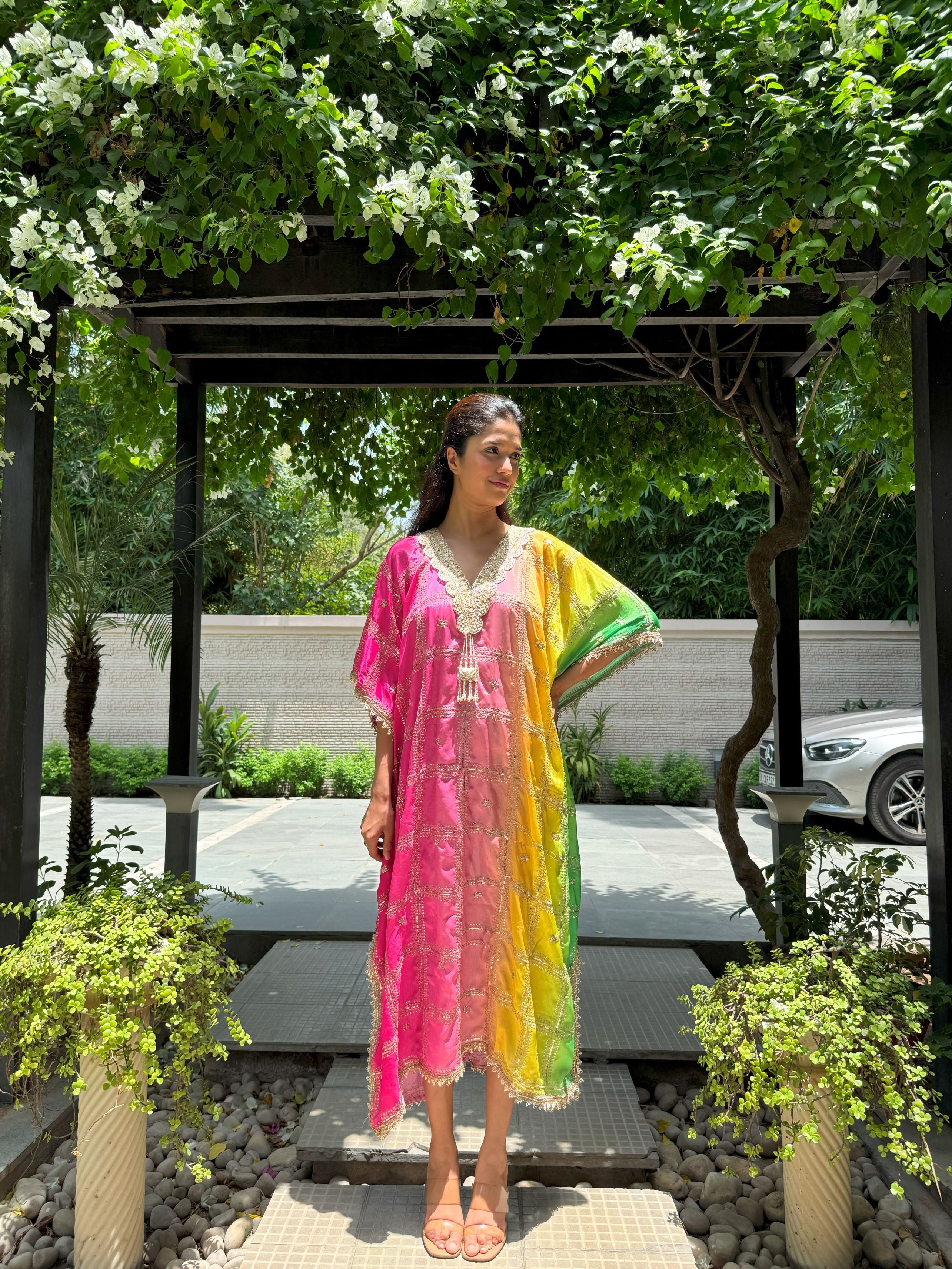 Kainaat Multicolour Kaftan - Pink Yellow Green