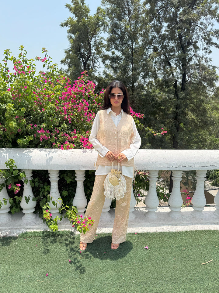 Reyna Gara Glazed Waist Coat With Coordinated Pants - Beige