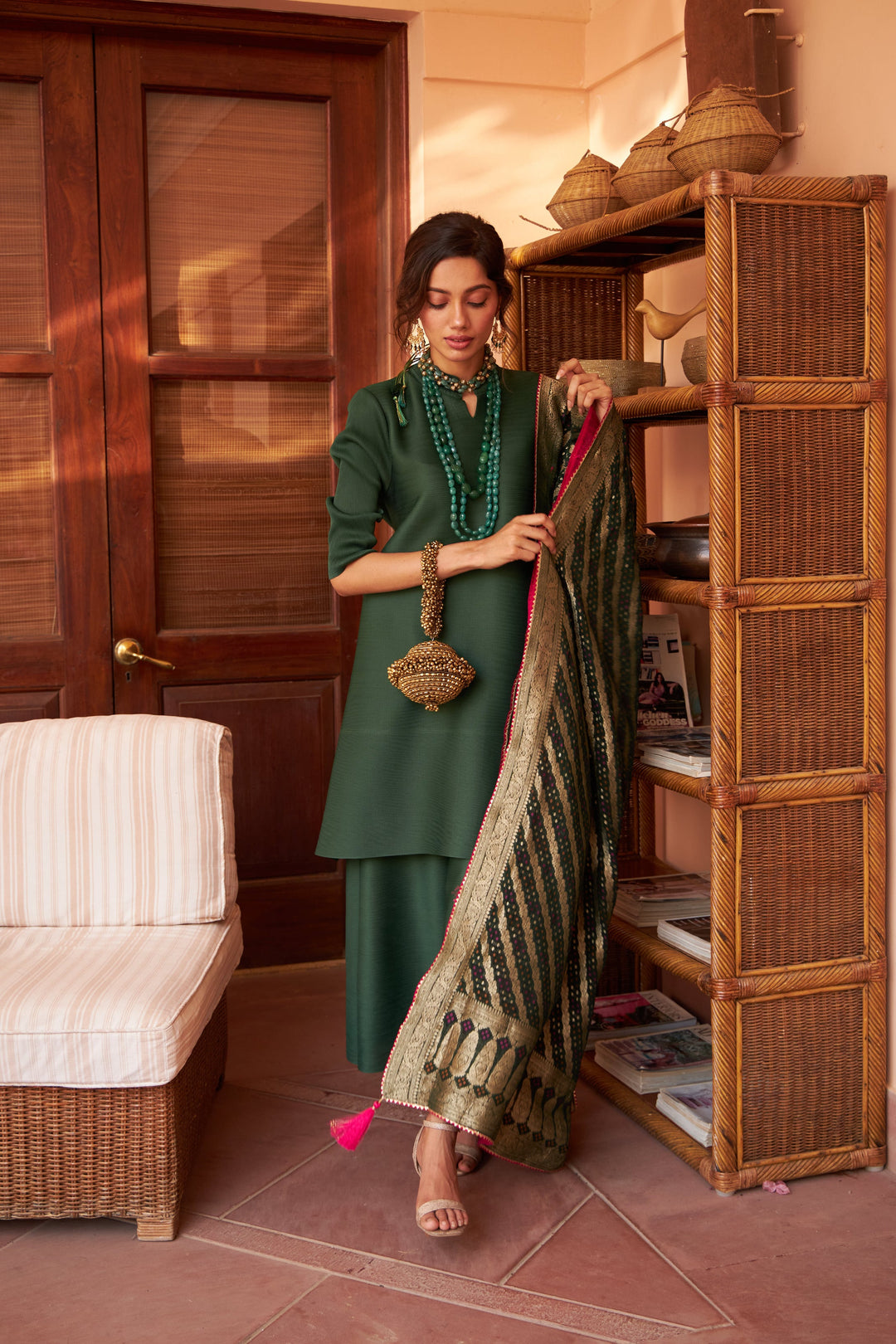 Myra Mandarin Kurta with Culotte Pants and Bandhani Chunni - Emerald Green