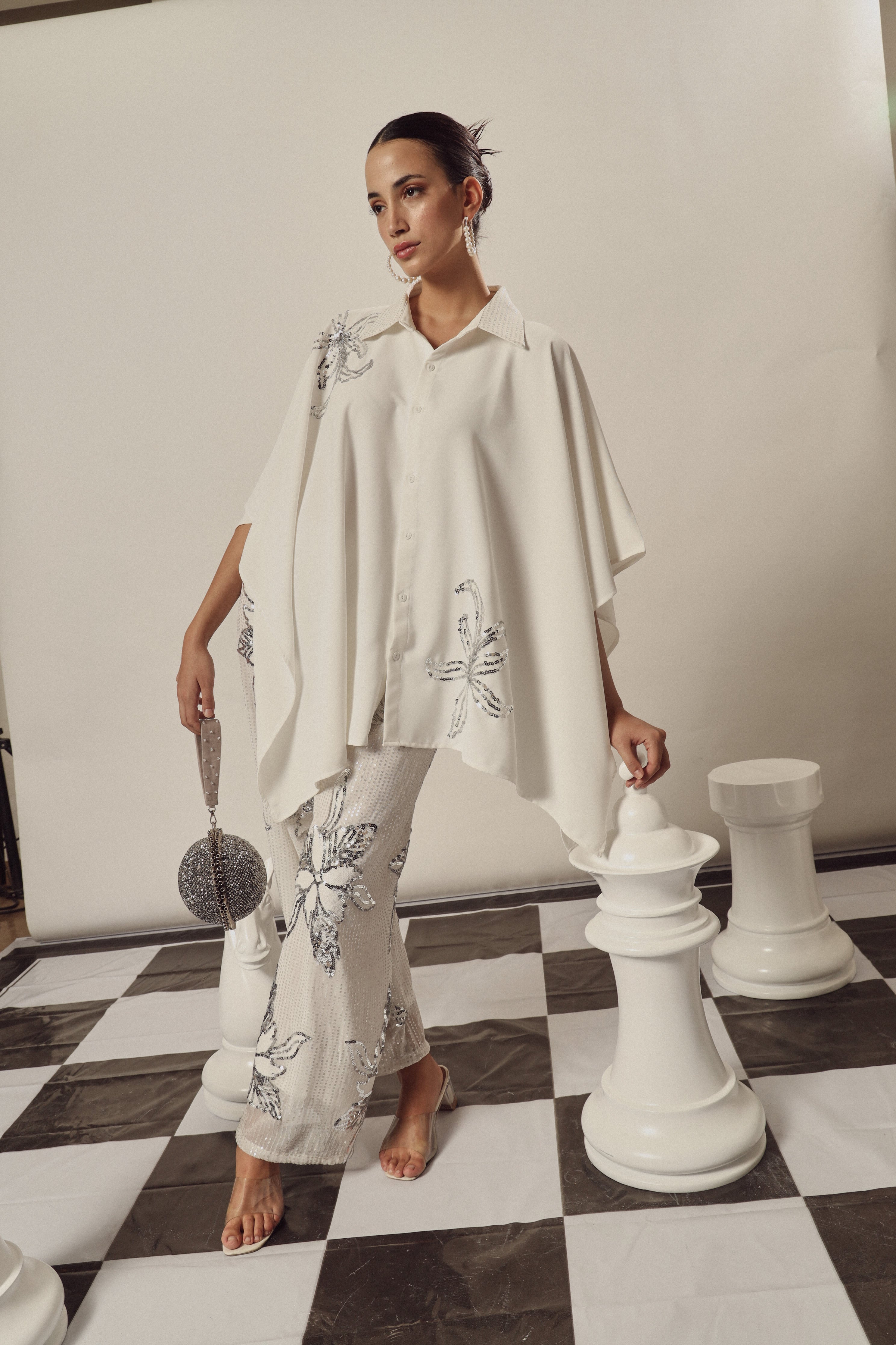 Bianca Borage Sequins Cape Set - White