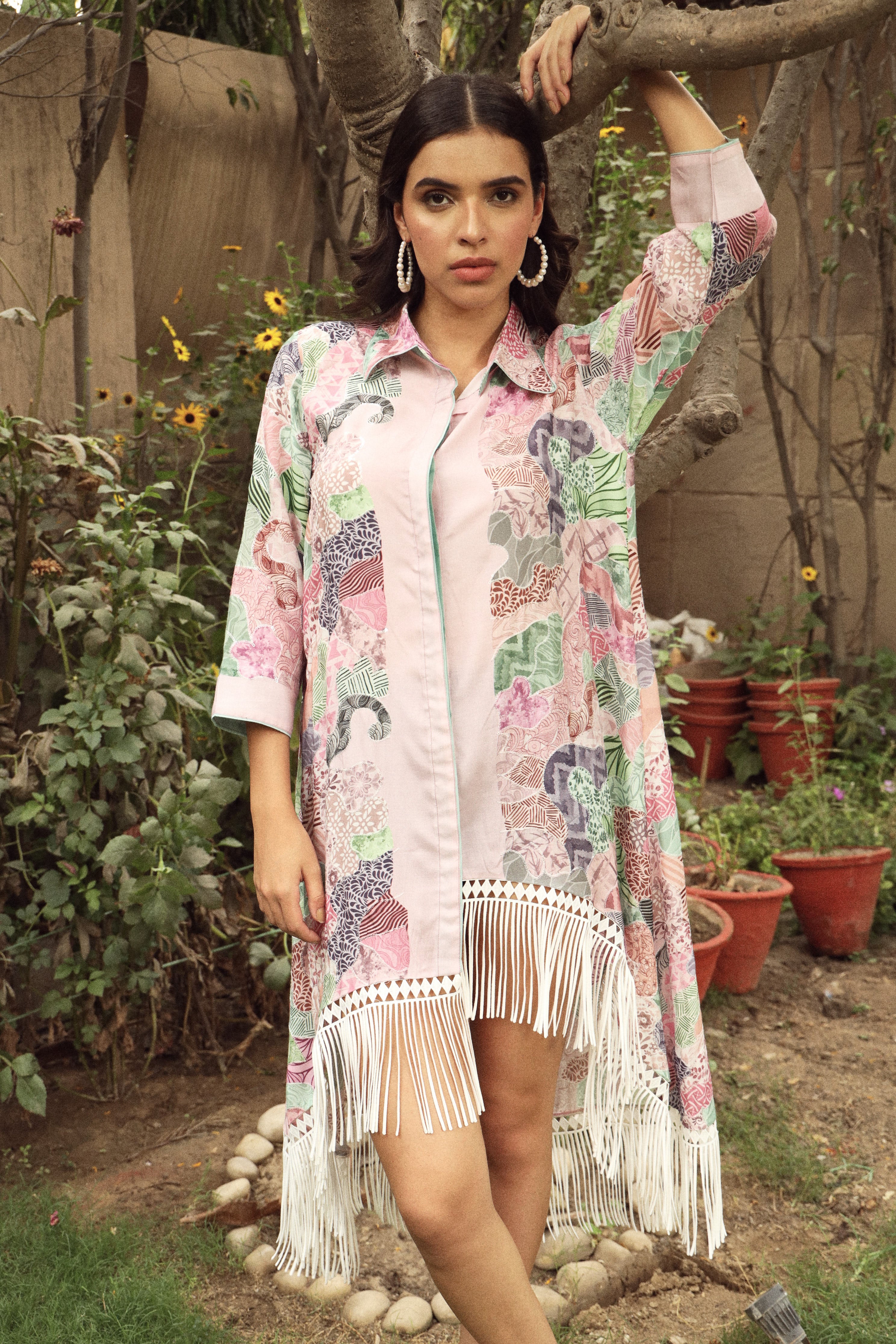 Boho Bedazzled Botanical Fringe Dress - Pink