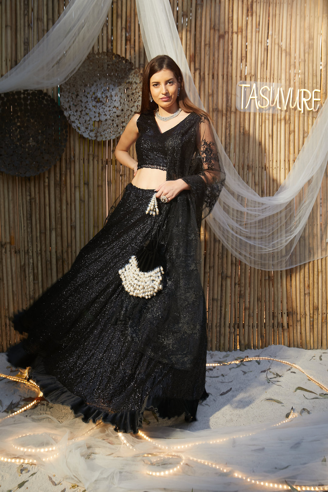 Bedazzling Sequence Ghagra with Sequence Blouse and Belt - Jade Black