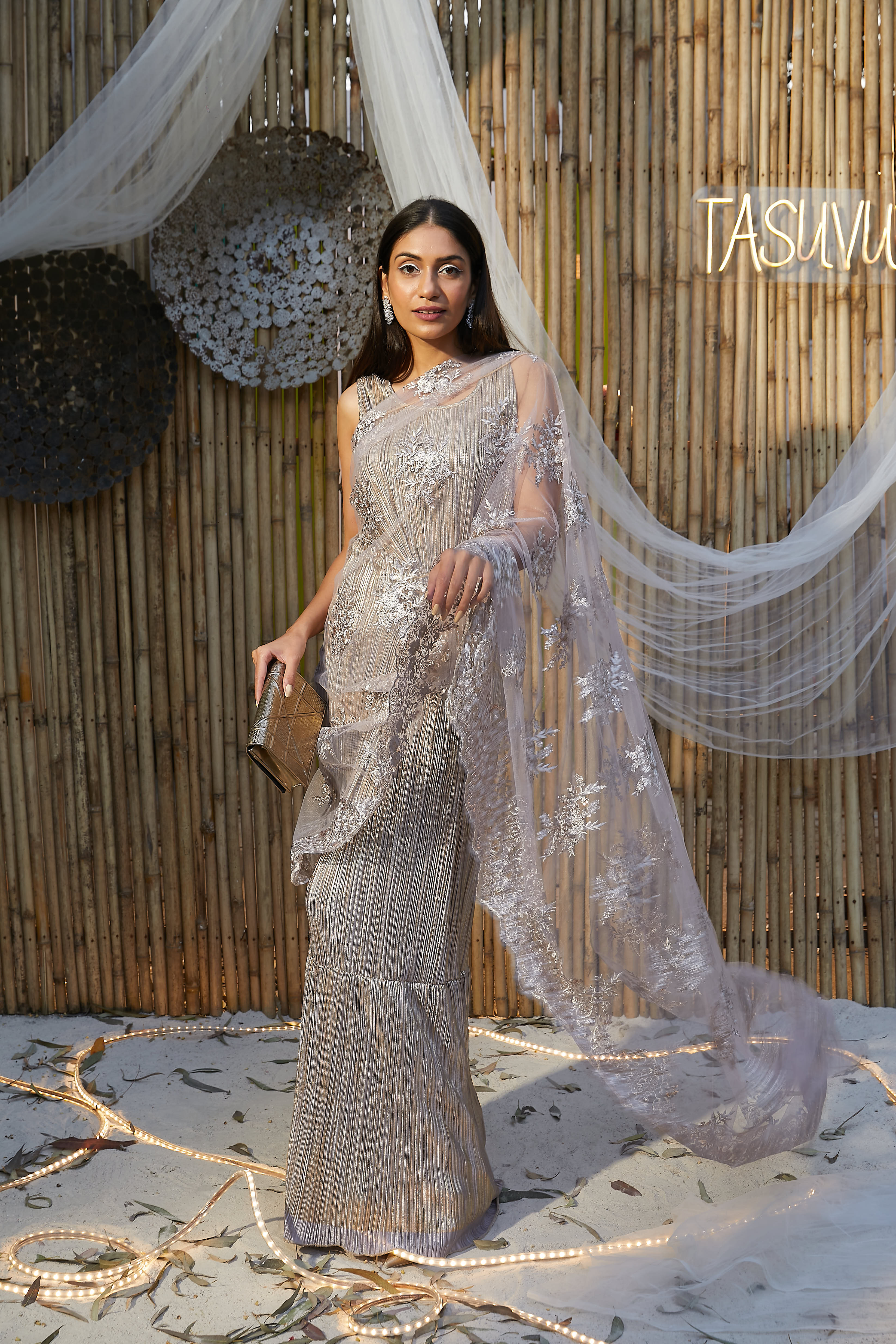 Metallic Pleated Gown Saree with Floral Mesh Palla Heavenly Taupe