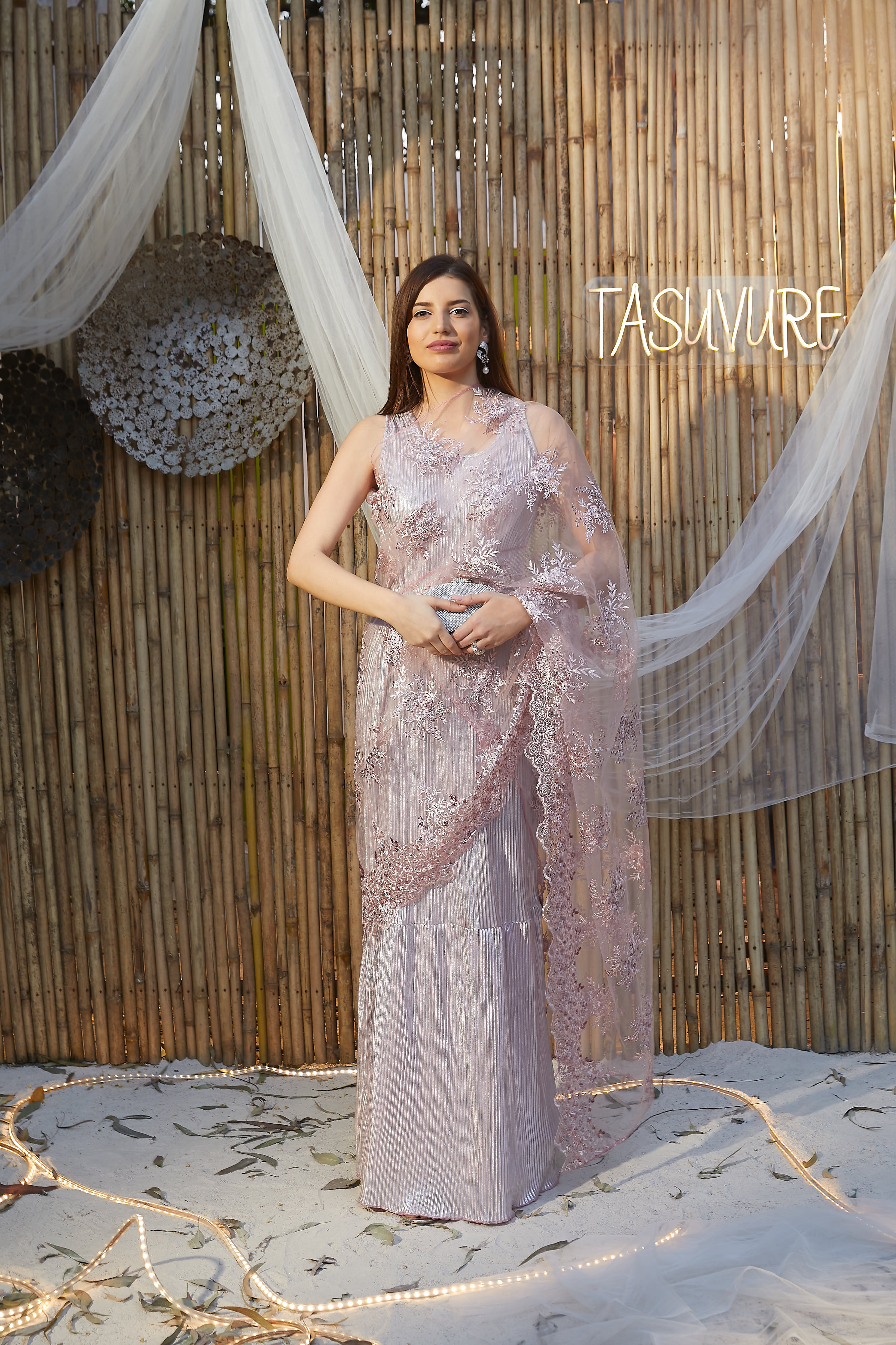 Metallic Pleated Gown Saree with Floral Mesh Palla - Heavenly Pink