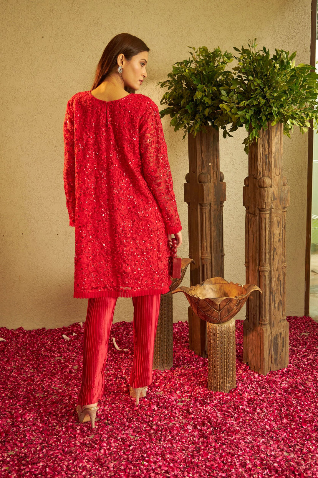 Fragrant Floral Uptown Sequence Tunic Co-ordinated with Pleated Pants - Red