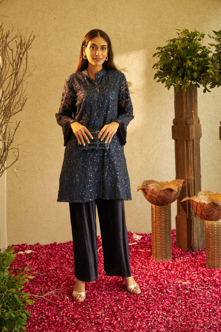 Fragrant Floral Peplum Sequence Tunic Co-ordinated with Pleated Pants - Lapis