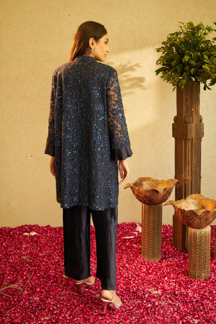 Fragrant Floral Peplum Sequence Tunic Co-ordinated with Pleated Pants - Lapis