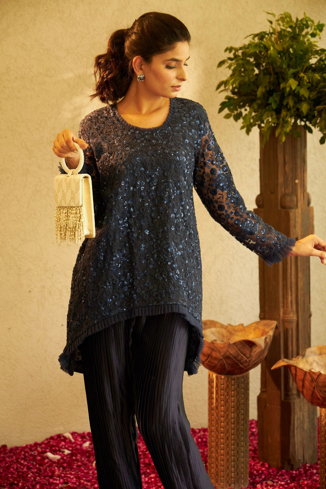 Fragrant Floral Uptown Sequence Tunic Co-ordinated with Pleated Pants - Lapis