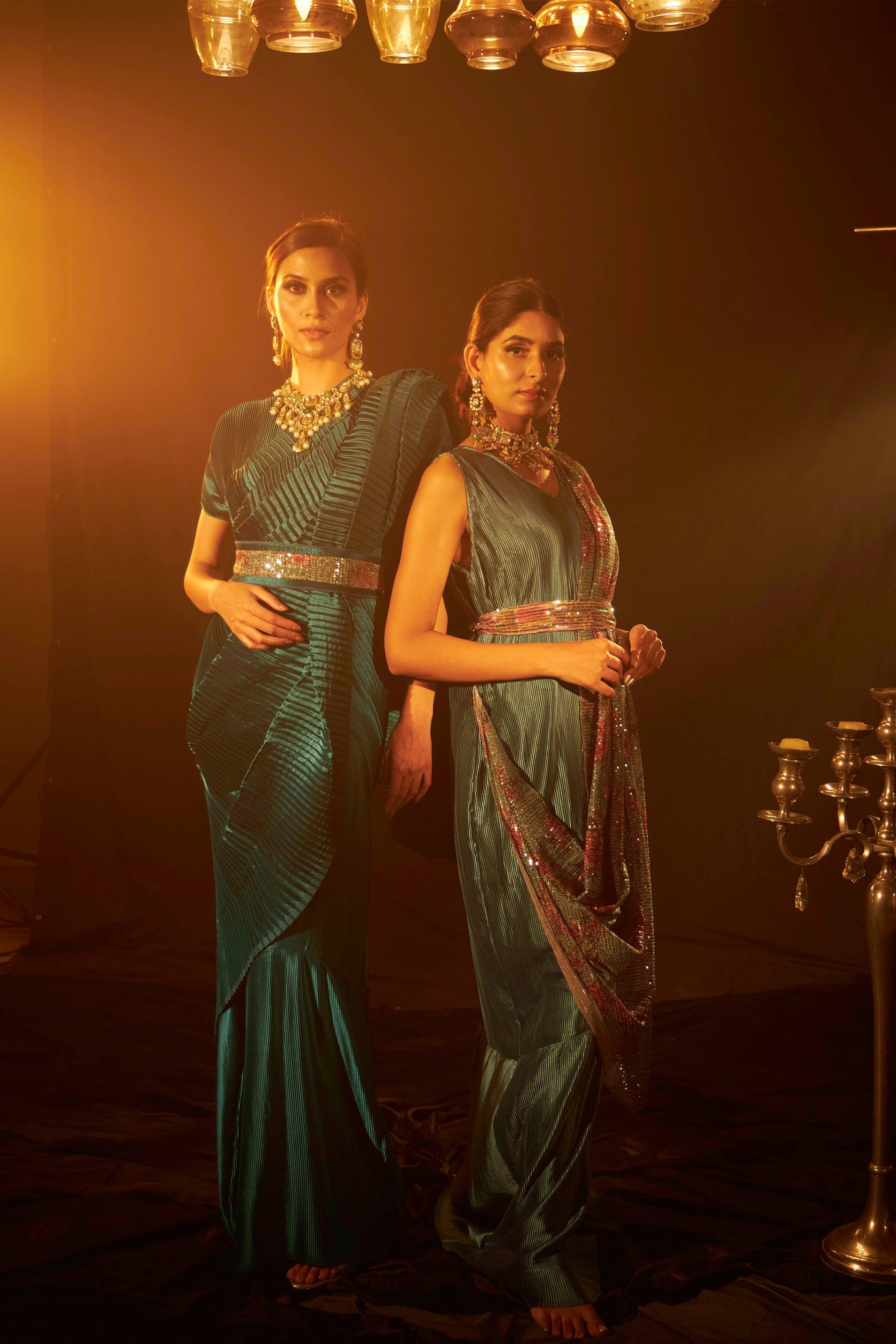 Classy Pleated Gown Saree with Belt - Teal