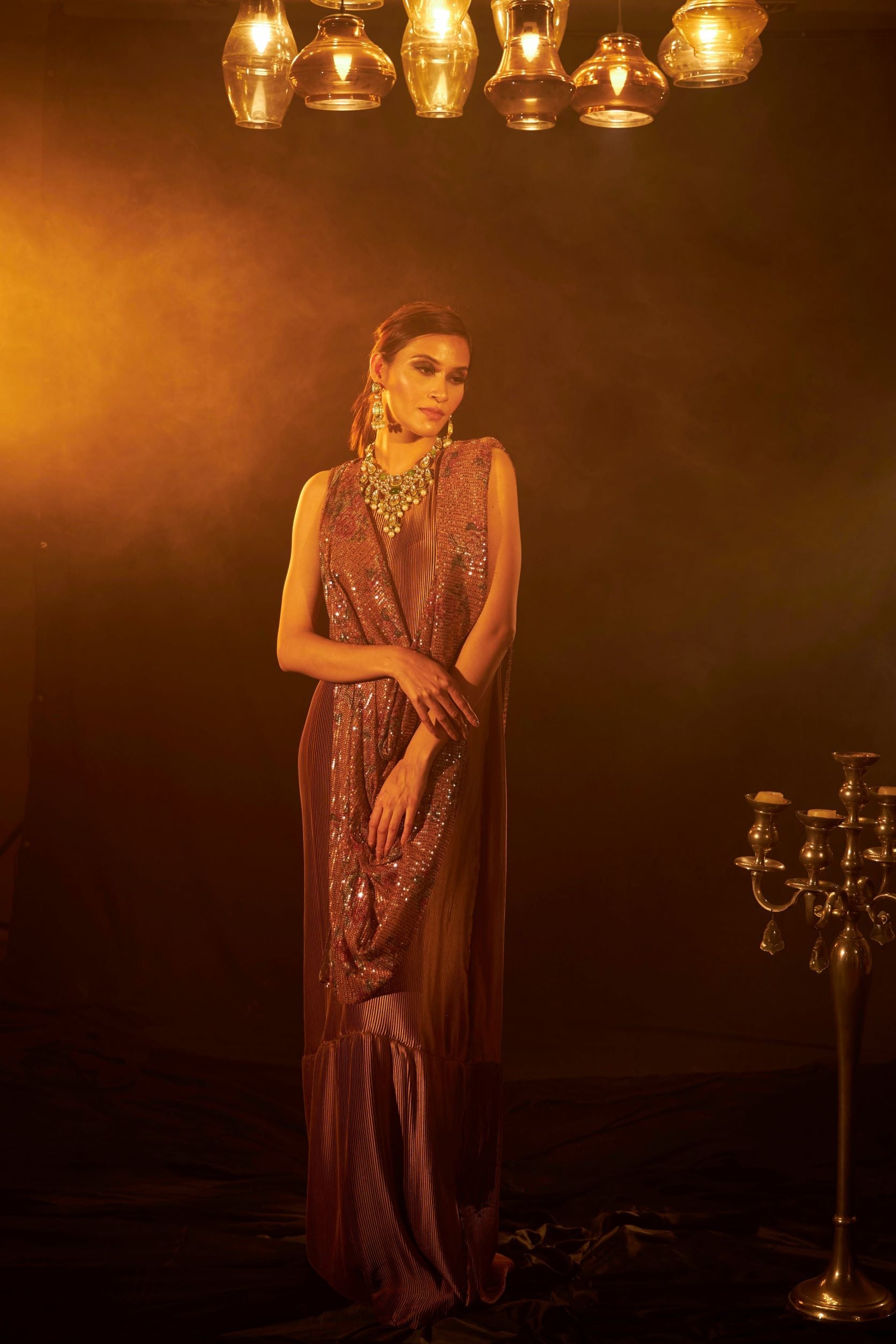 Flavina Adorned Gown Saree With Sequence Palla - Sandy rose