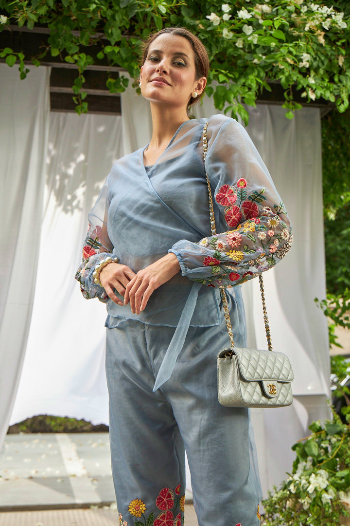 Fragrant Floral Enfold Top Co-ordinated with Straight Pants - Blue