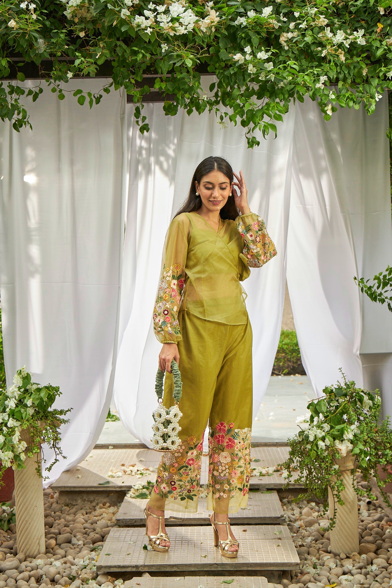Fragrant Floral Enfold Top Co-ordinated with Straight Pants - Green