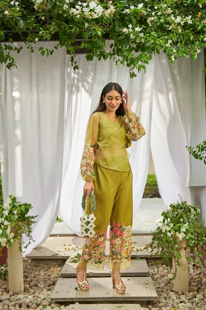 Fragrant Floral Enfold Top Co-ordinated with Straight Pants - Green