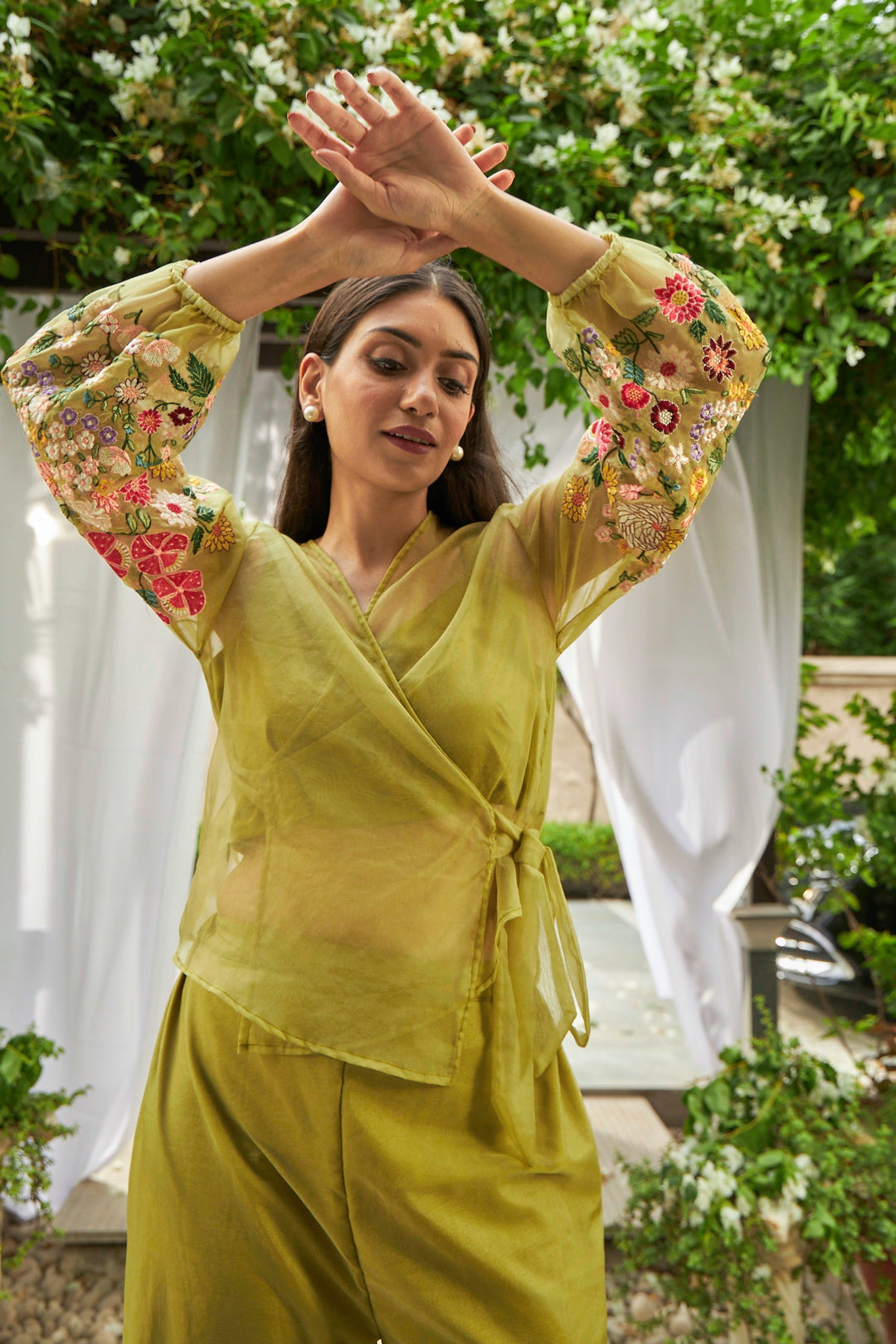 Fragrant Floral Enfold Top Co-ordinated with Straight Pants - Green