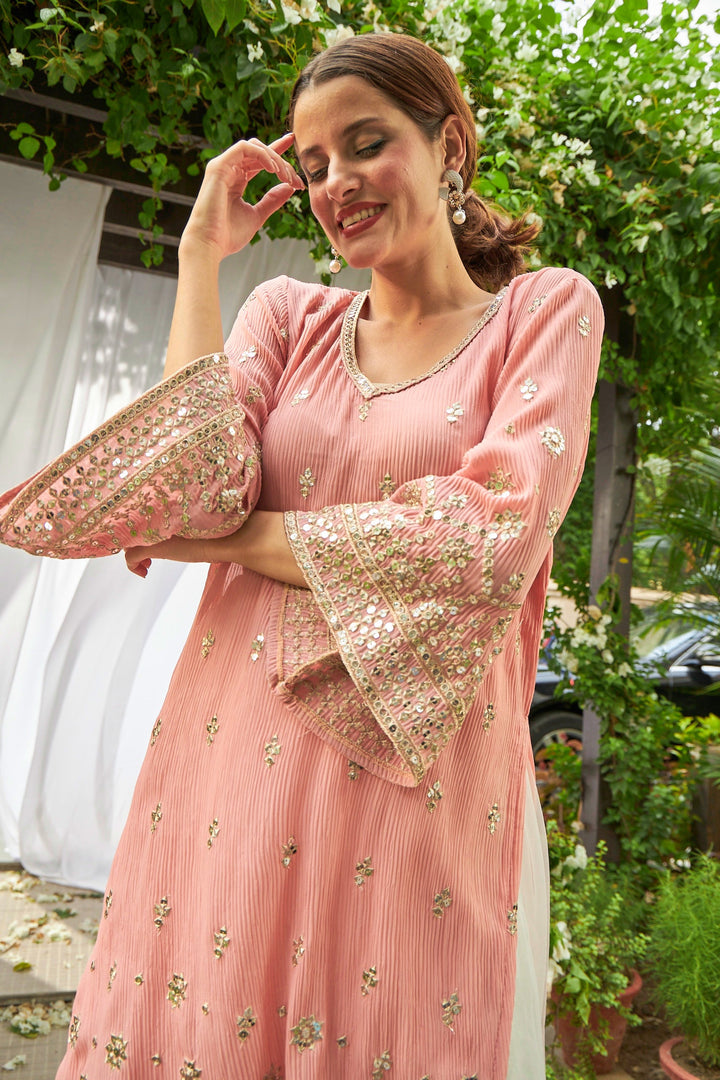 Dainty Diana Embellished Long Tunic with Ombre Organza Sharara and Embroidered Dupatta - Pink