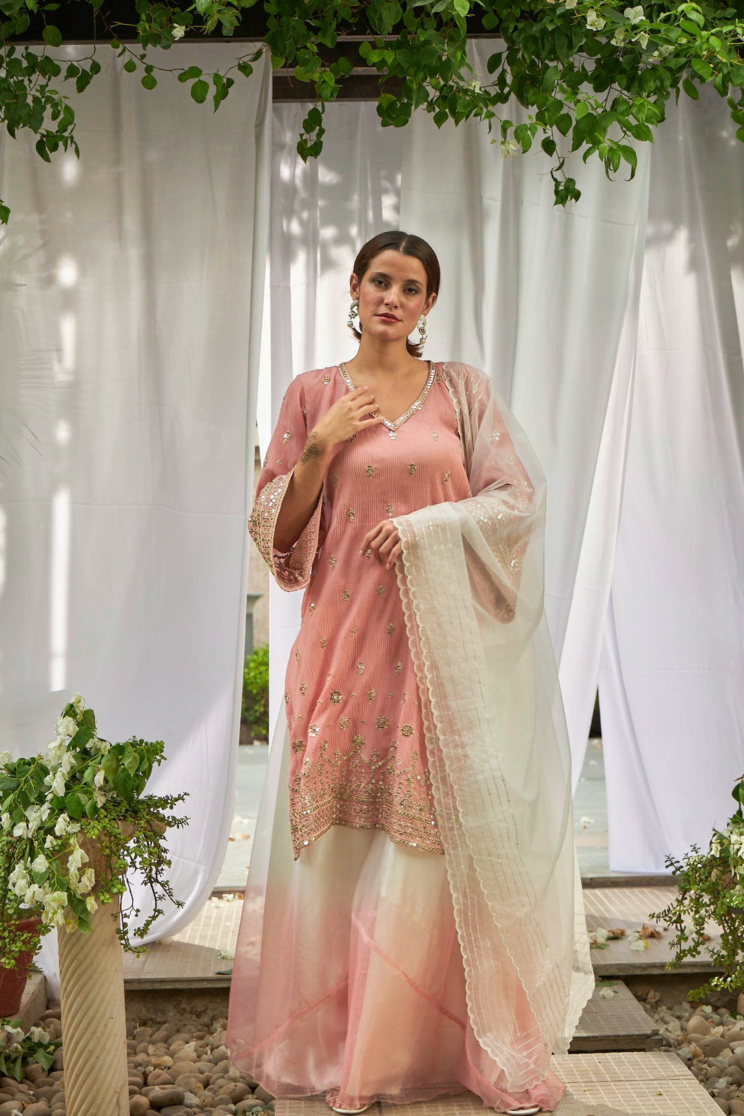 Dainty Diana Embellished Long Tunic with Ombre Organza Sharara and Embroidered Dupatta - Pink