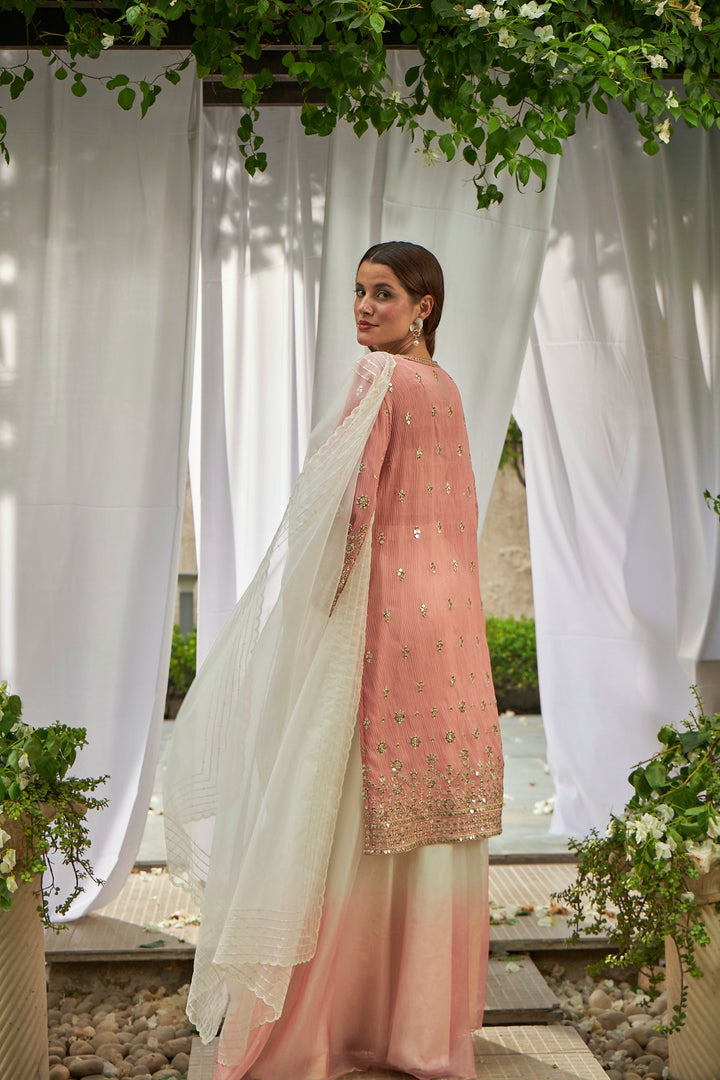 Dainty Diana Embellished Long Tunic with Ombre Organza Sharara and Embroidered Dupatta - Pink