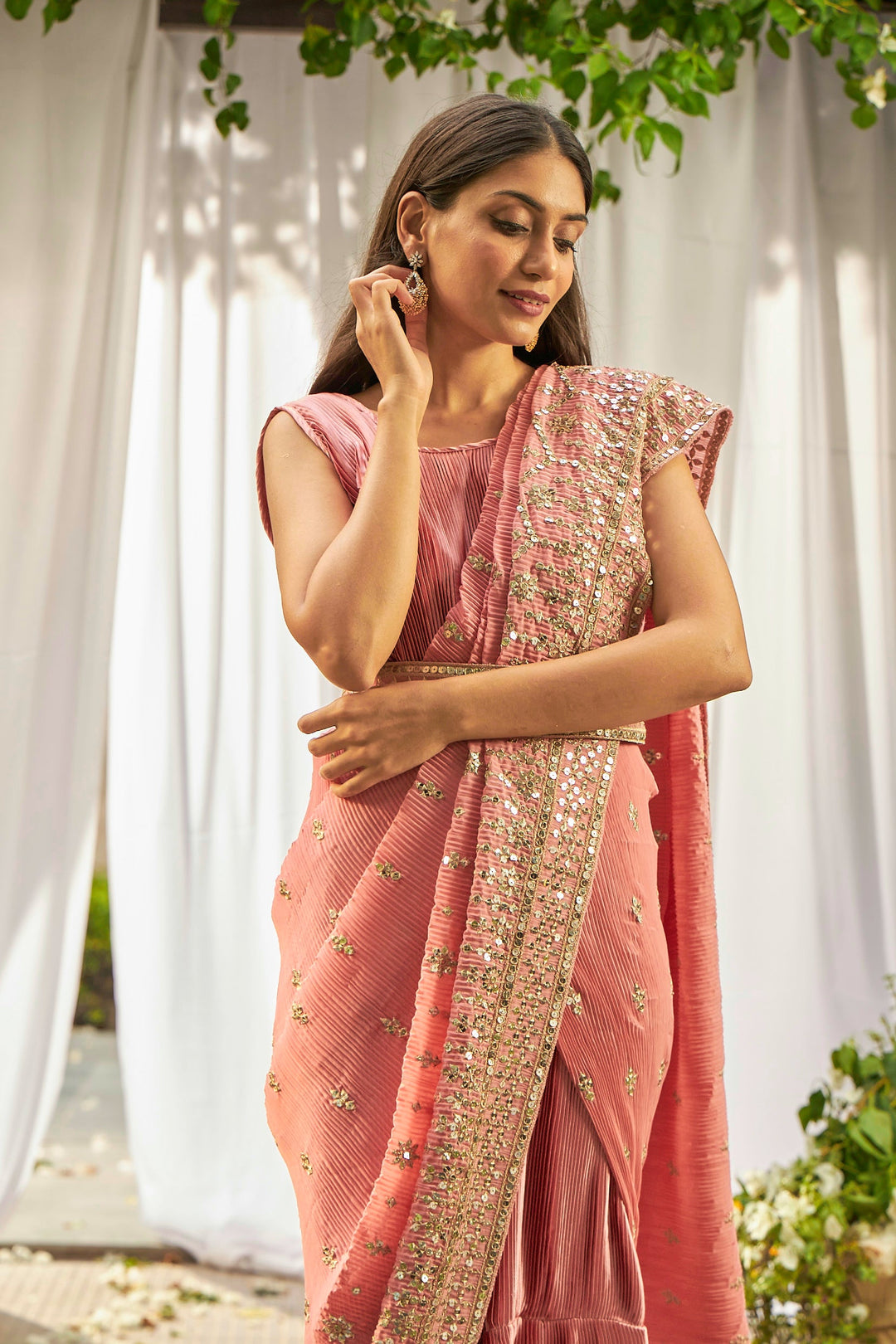 Dainty Mademoiselle Embellished Gown Saree - Pink