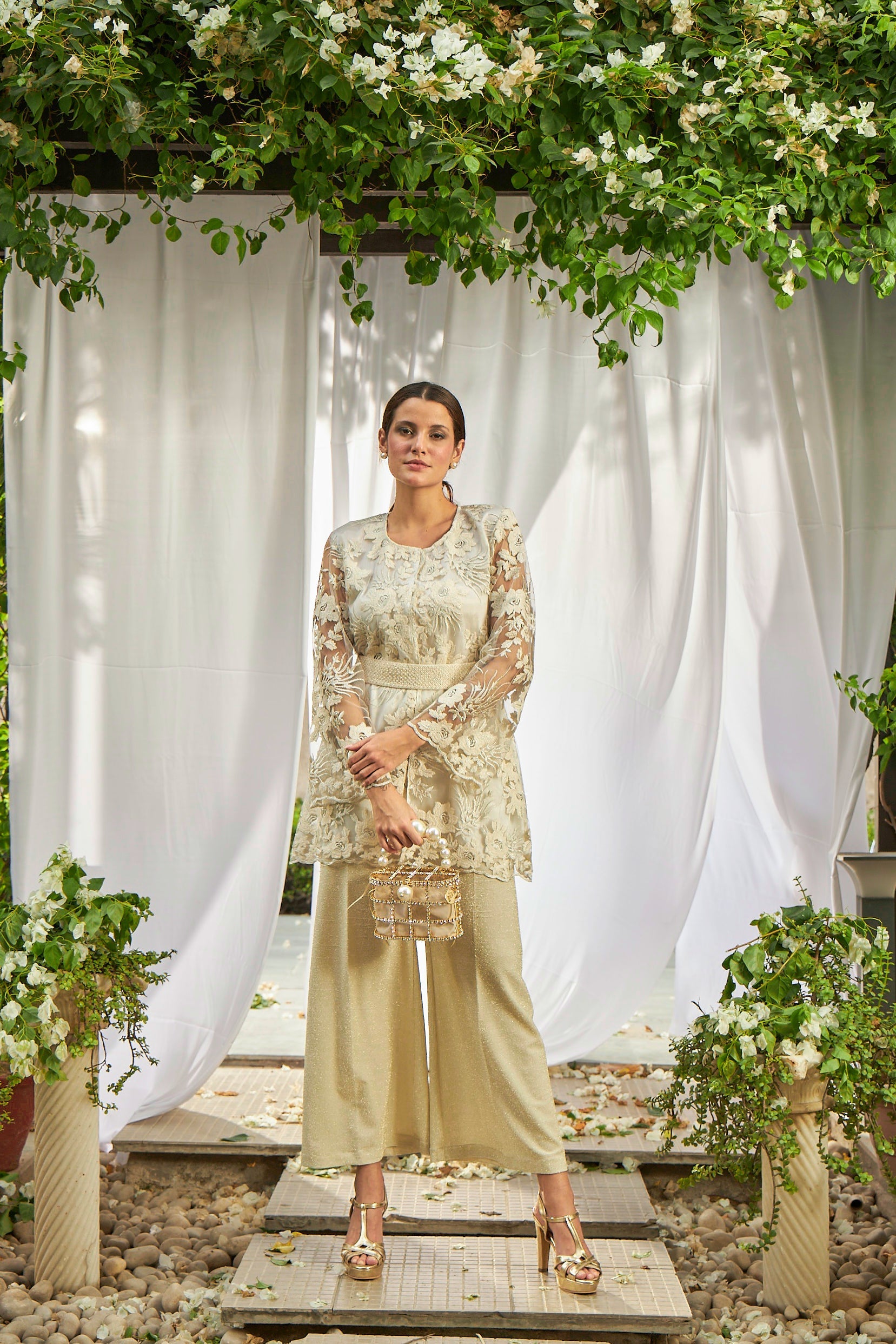 Fragrant Floral Pampered Peplum Top Co-ordinated with Straight Pants - Pearl