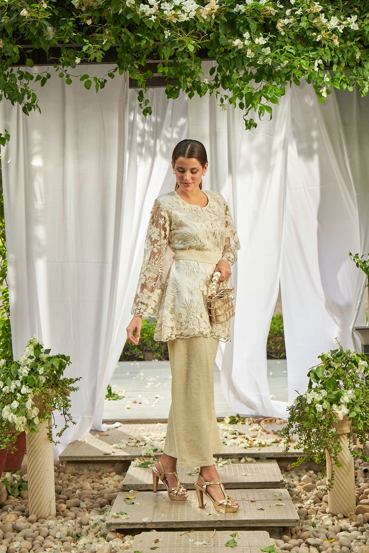 Fragrant Floral Pampered Peplum Top Co-ordinated with Straight Pants - Pearl