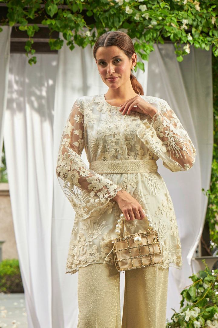 Fragrant Floral Pampered Peplum Top Co-ordinated with Straight Pants - Pearl